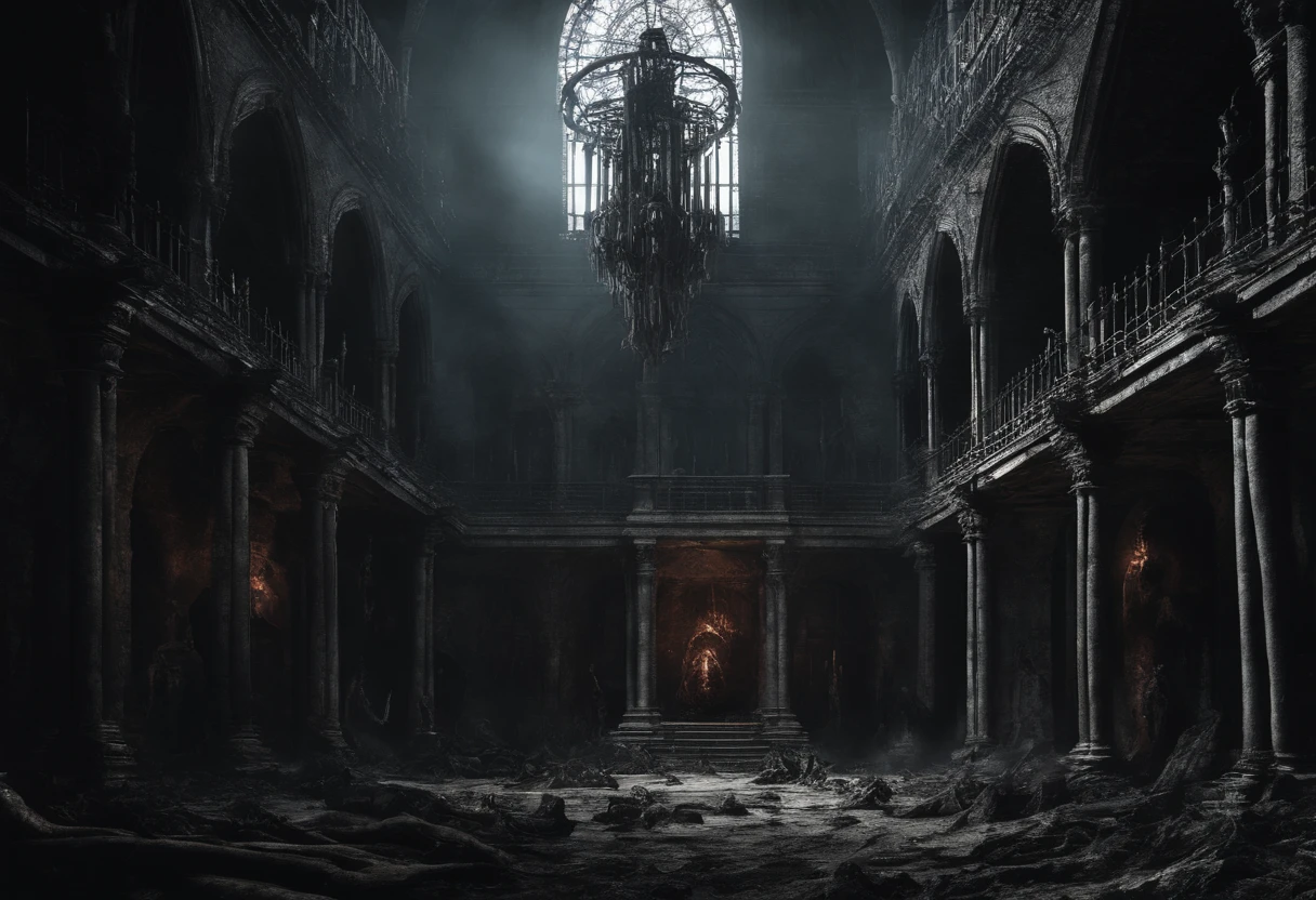 ghost school, school from the astral underworld, college, university, 8k resolution, ethereal, humongous stone underground chamber, iron prison cells, elves, hell hounds, spirits