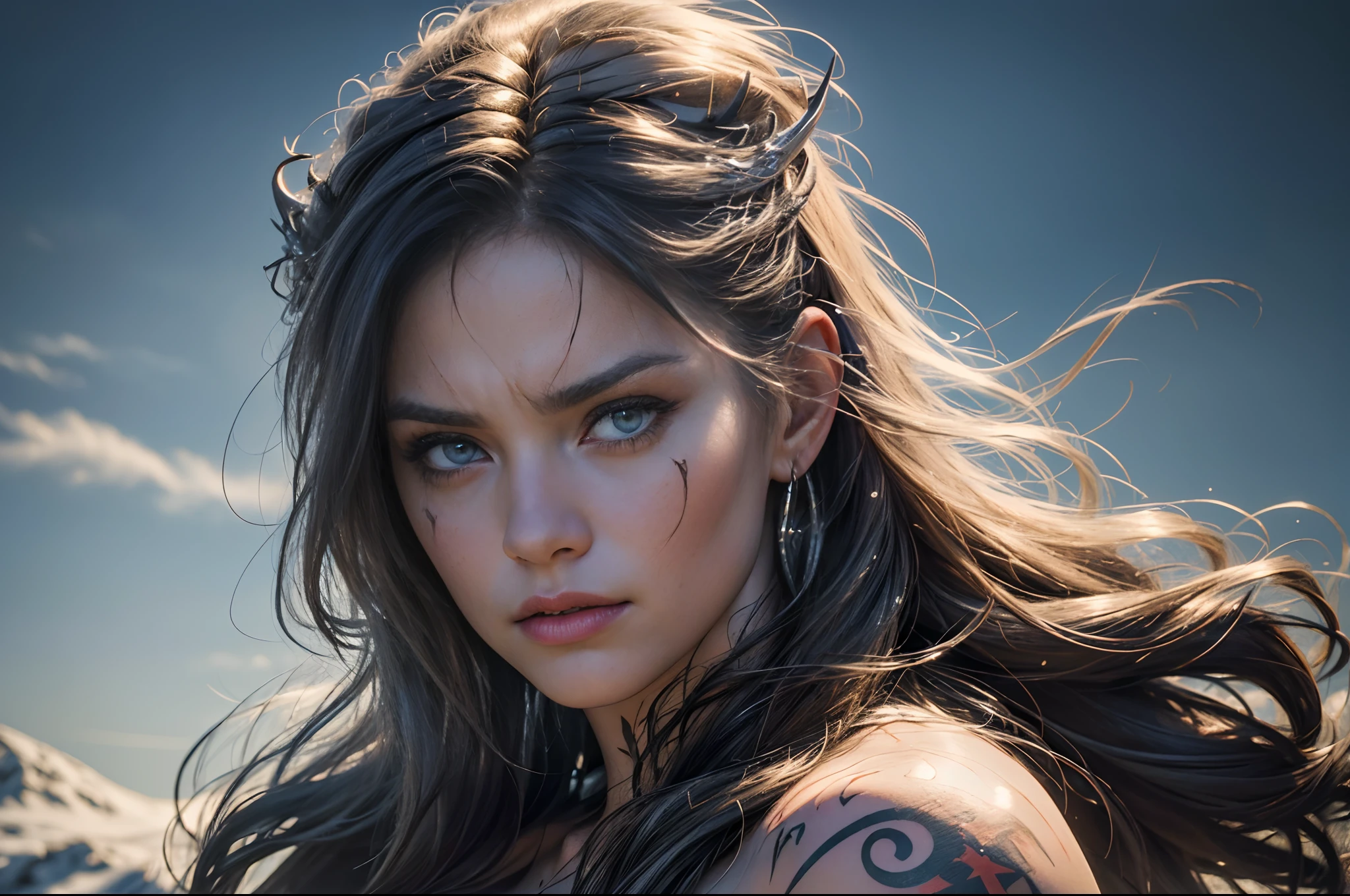 (best quality,4k,8k,highres,masterpiece:1.2),ultra-detailed,(realistic,photorealistic,photo-realistic:1.37),woman,viking woman,aggressive,angry,hot,sexy naked,tribal tattoo ,snow,winter background face up,portrait,sharp focus,vivid colors, dramatic lighting,HDR.