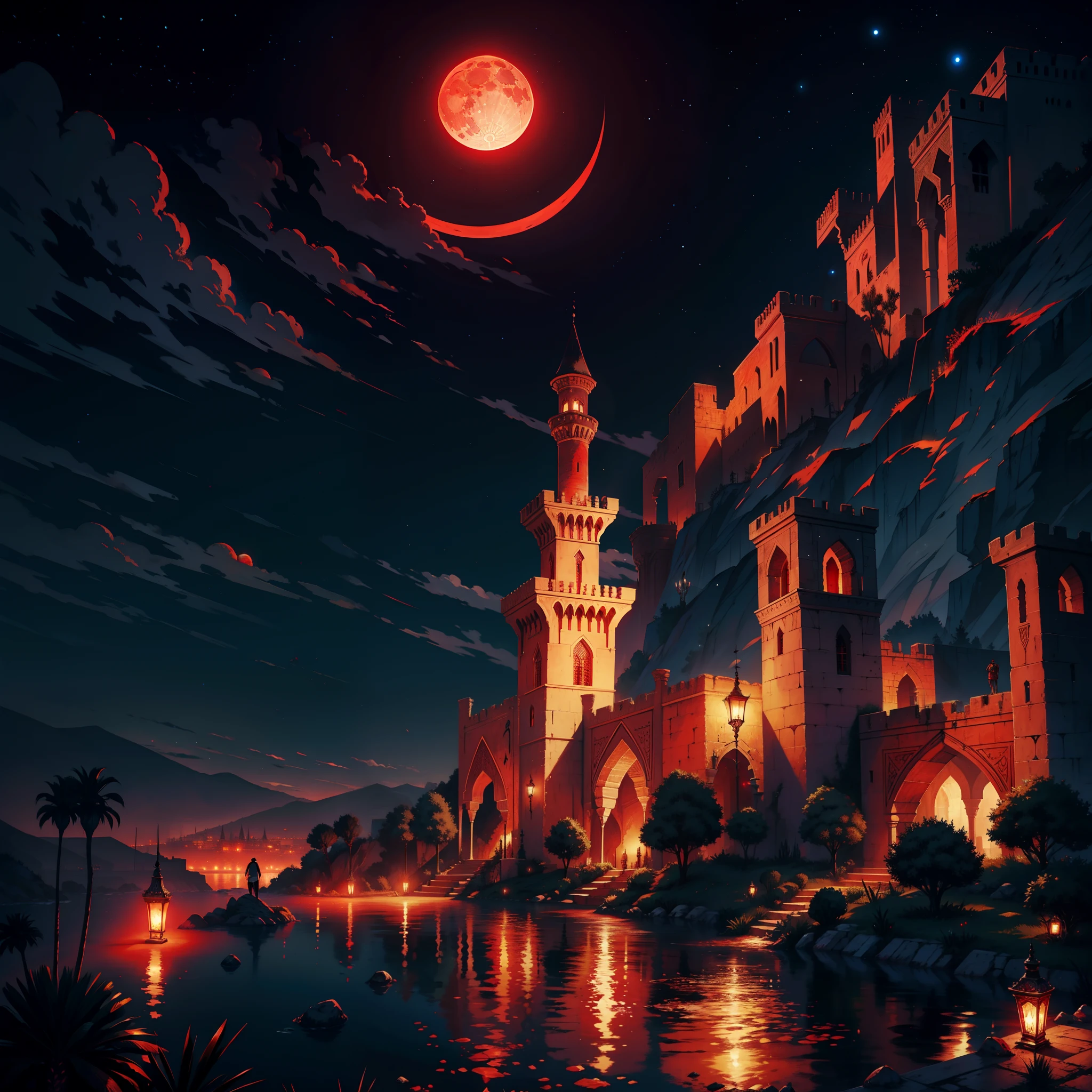 Super Detailed Hyper Realistic Castlevania Moroccan Environment with Shining Red Moon