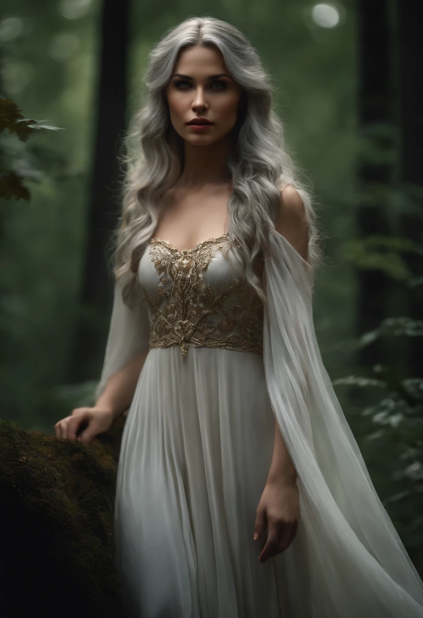 Stunning girl with long gray hair, Fair skin, And red eyes, In the forest with movie lighting, dark and gloomy. She wears a golden white dress, Her eyes focused, Looking at the viewer. Her skin is fair, Her face is delicate and perfect, Super masterpiece, best quality work of art. The images are incredibly detailed 8K CG wallpapers, Cinematic tones with artistic cinematic lighting and neutral filters.