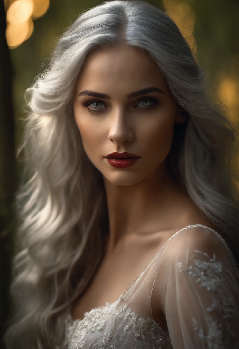 Stunning girl with long gray hair, Fair skin, And red eyes, In the forest with movie lighting, dark and gloomy. She wears a golden white dress, Her eyes focused, Looking at the viewer. Her skin is fair, Her face is delicate and perfect, Super masterpiece, best quality work of art. The images are incredibly detailed 8K CG wallpapers, Cinematic tones with artistic cinematic lighting and neutral filters.