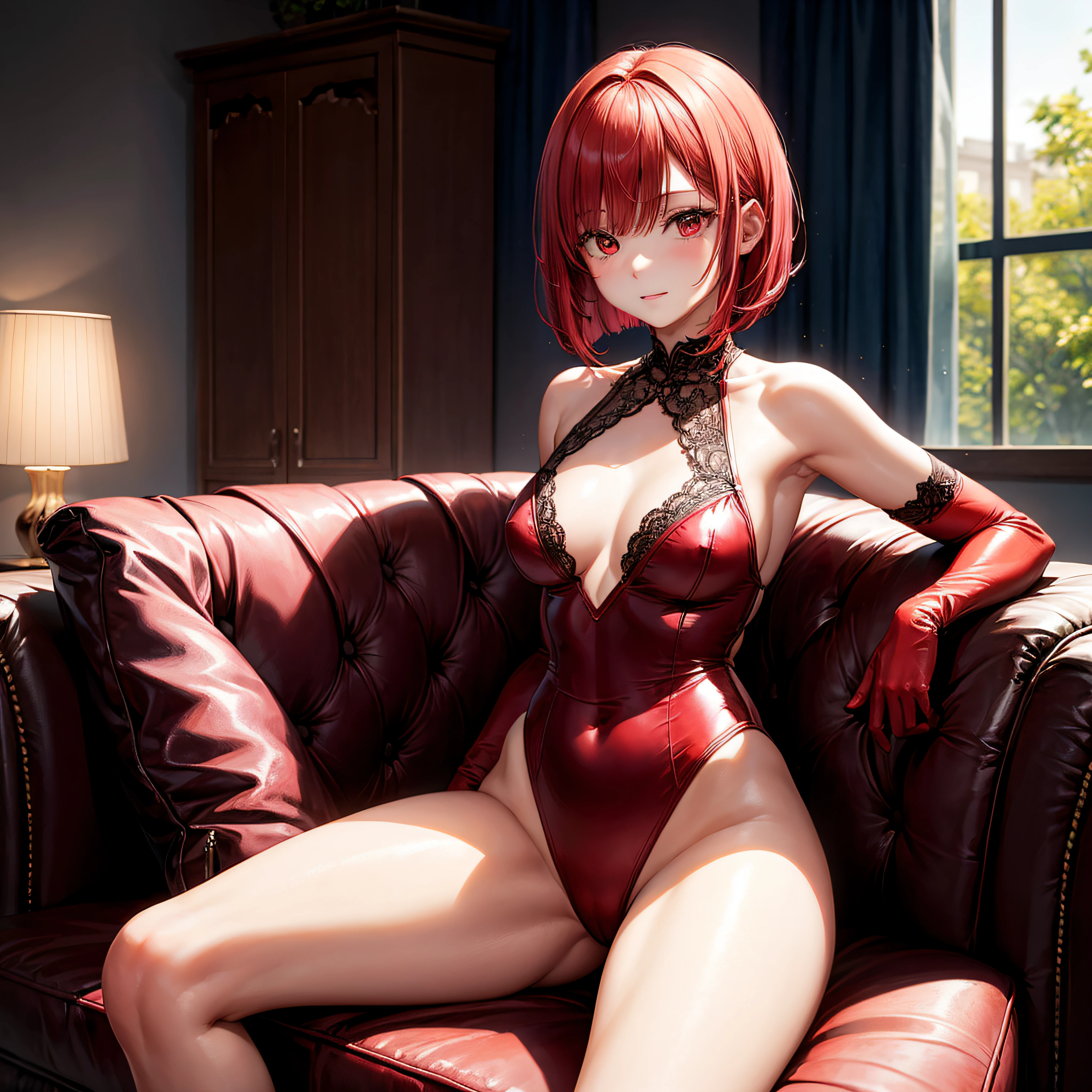 realisitic、top-quality、sit on sofa、((One Woman:1.5))、Red hair、a short bob、Red Eyes、inside in room、Red Leotard、Lace gloves、Medium chest