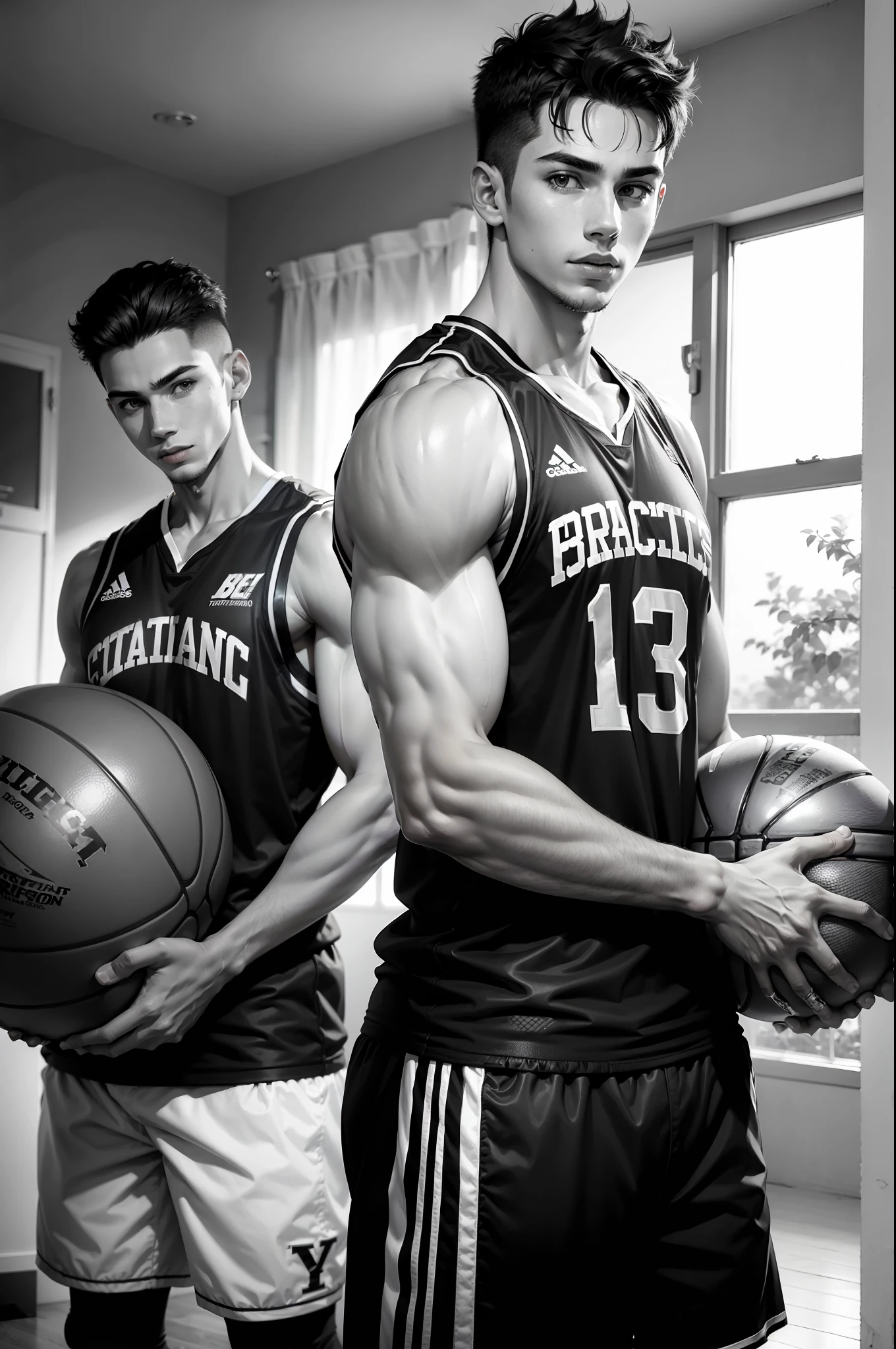 ((( Boys))), aesthetic, side, posing, muscular, basket ball jersey, black and white
