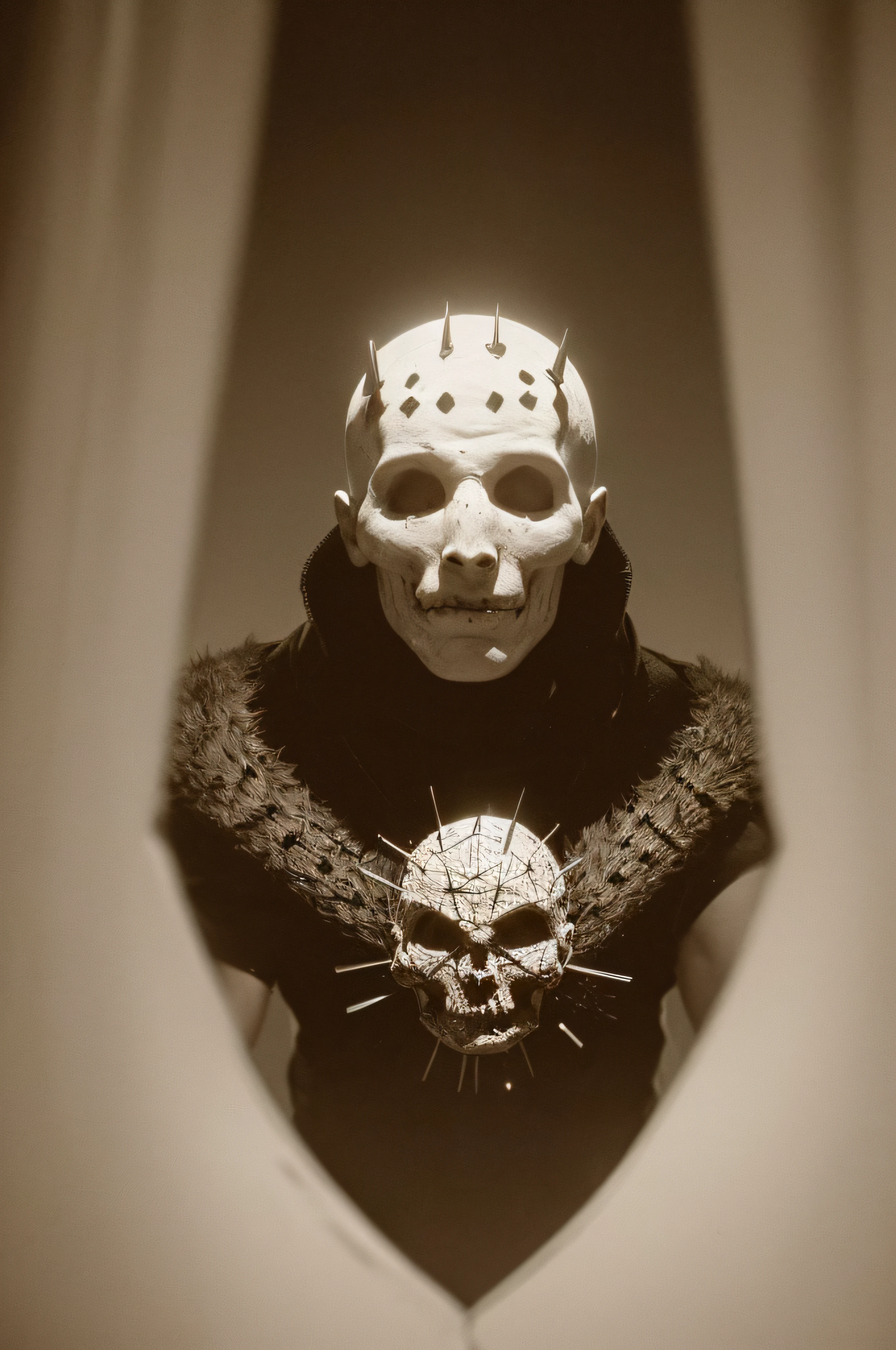 "(The best lighting, oscuro, dramatic),(feto calavera alien, Hellraiser, Cicatrices, , sexy, cerebro, sangre, una rata dentro de la cabeza, terror.),(ojos rojos, calaveras). morning light.
