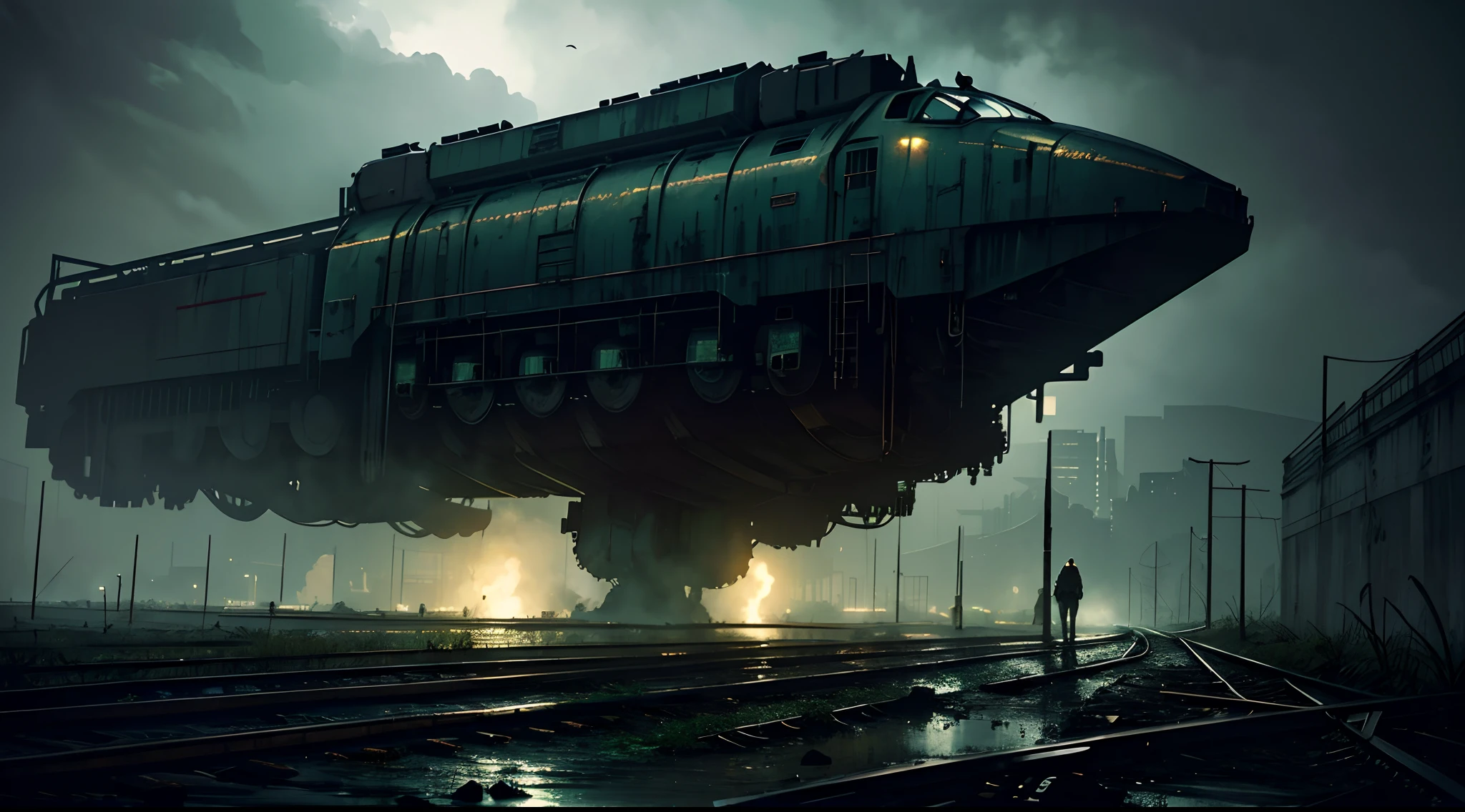 gloomy art, dystopic atmosphere, high wall, giant massive iron train stucked in dark slimy oily swamp, black ground