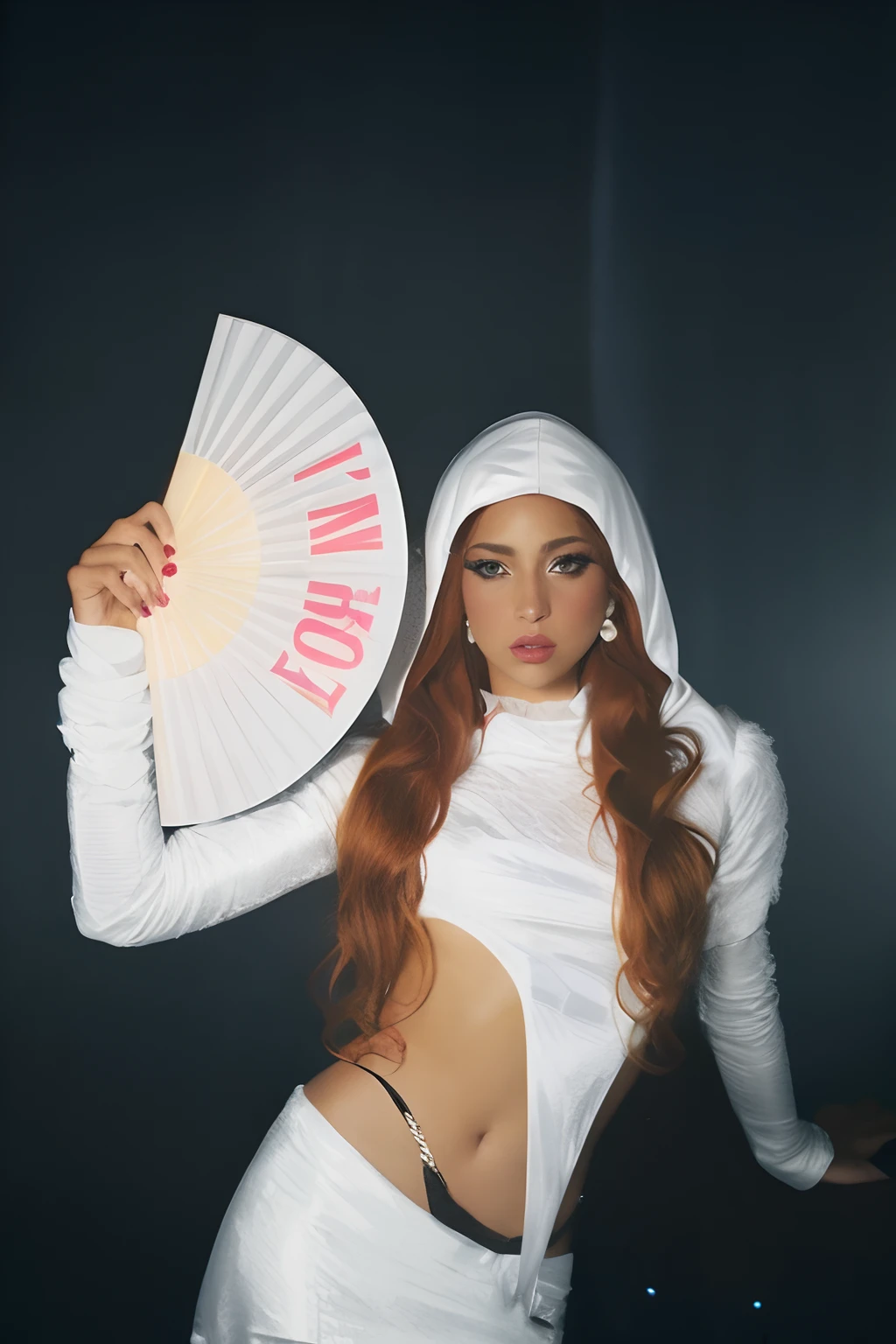 there is a woman in a white outfit holding a fan, wearing white silk hood, by Pablo Rey, doja cat, in costume, lady gaga artpop act ii, by Pamela Ascherson, artpop, still from a music video, photo from a promo shoot, taken in the late 2000s, in style of juergen teller