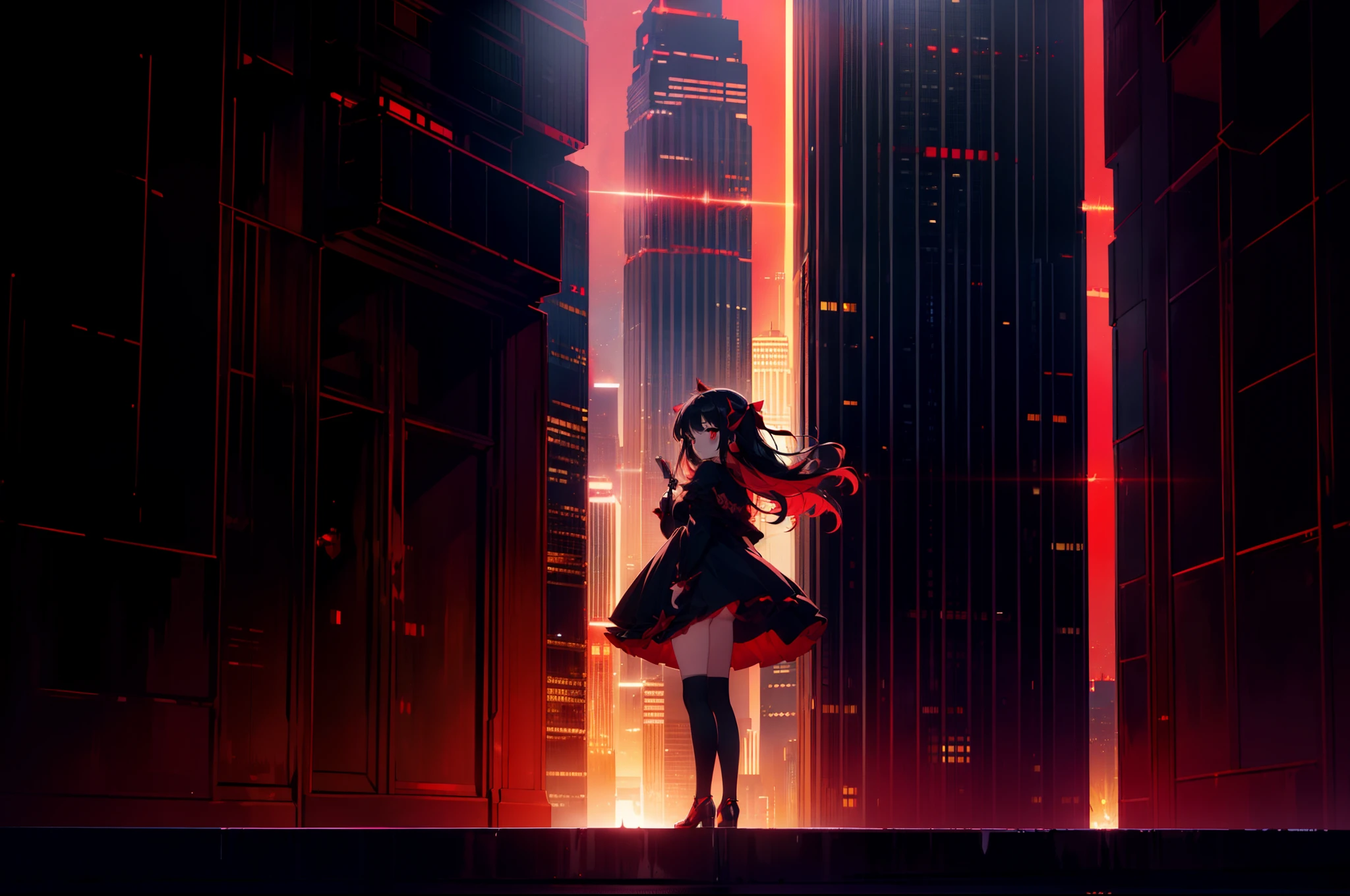 1 girl, ((red lighting)) ,dutch angle , full body ,looking back , ((standing in the air)) ,(skyscrapers) , background night view , (rape face) ,black long straight hair, hair ribbon , red eyes,black dress, glowing eyes,((masterpiece)), ((best quality)), ((ultra-detailed)), (illustration), ((an extremely delicate and beautiful))