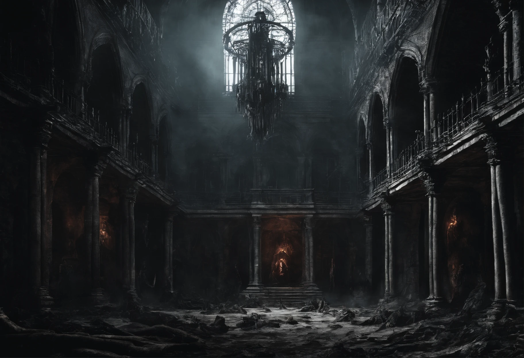 ghost school, school from the astral underworld, college, university, 8k resolution, ethereal, humongous stone underground chamber, iron prison cells, elves, hell hounds, spirits