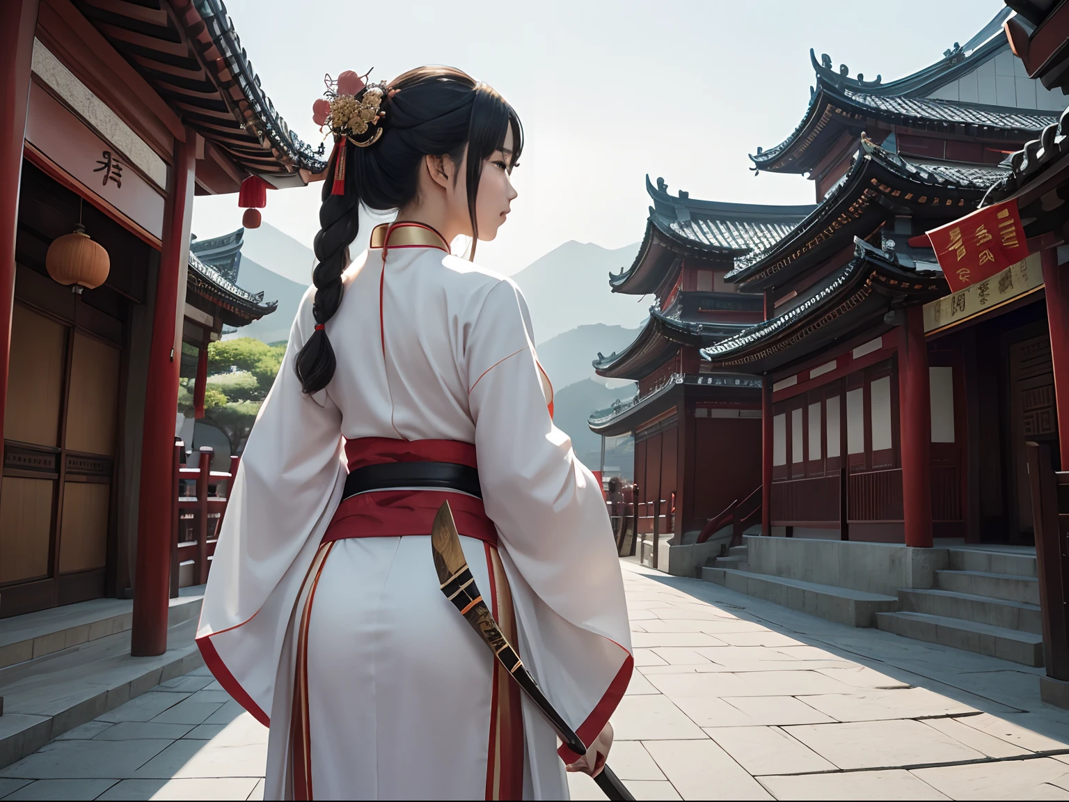 ((tmasterpiece)),(best qualtiy),Big Han,The big knife is carried on his back,posterior view,anime big breast,Chinese outfit,Hanfu,独奏,full bodyesbian,Chinese outfit,Hanfu,east asian architecture,the street,Dissection is correct