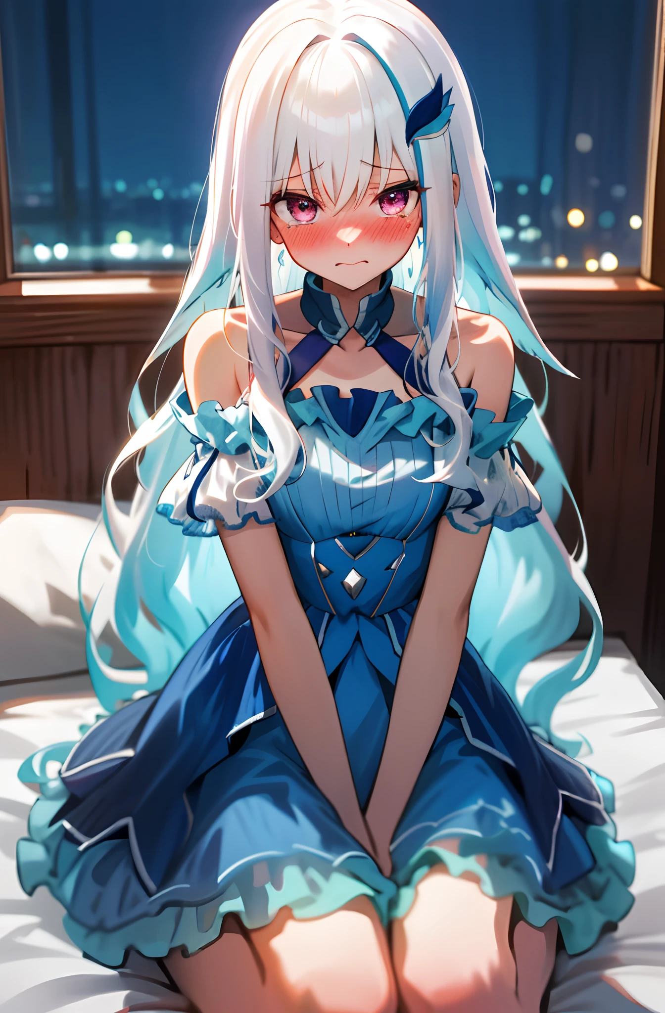 ((master piece)),(best quality),amazing,beautiful,(extremely detailed CG unity 8K wallpaper),depth of field,bedroom,forest out of window,cleavage,on bed,1girl, solo, thighhighs, bare_shoulders, jewelry, white_legwear, crown,flower,blue_flower,symbol-shaped_pupils,hair_ornament