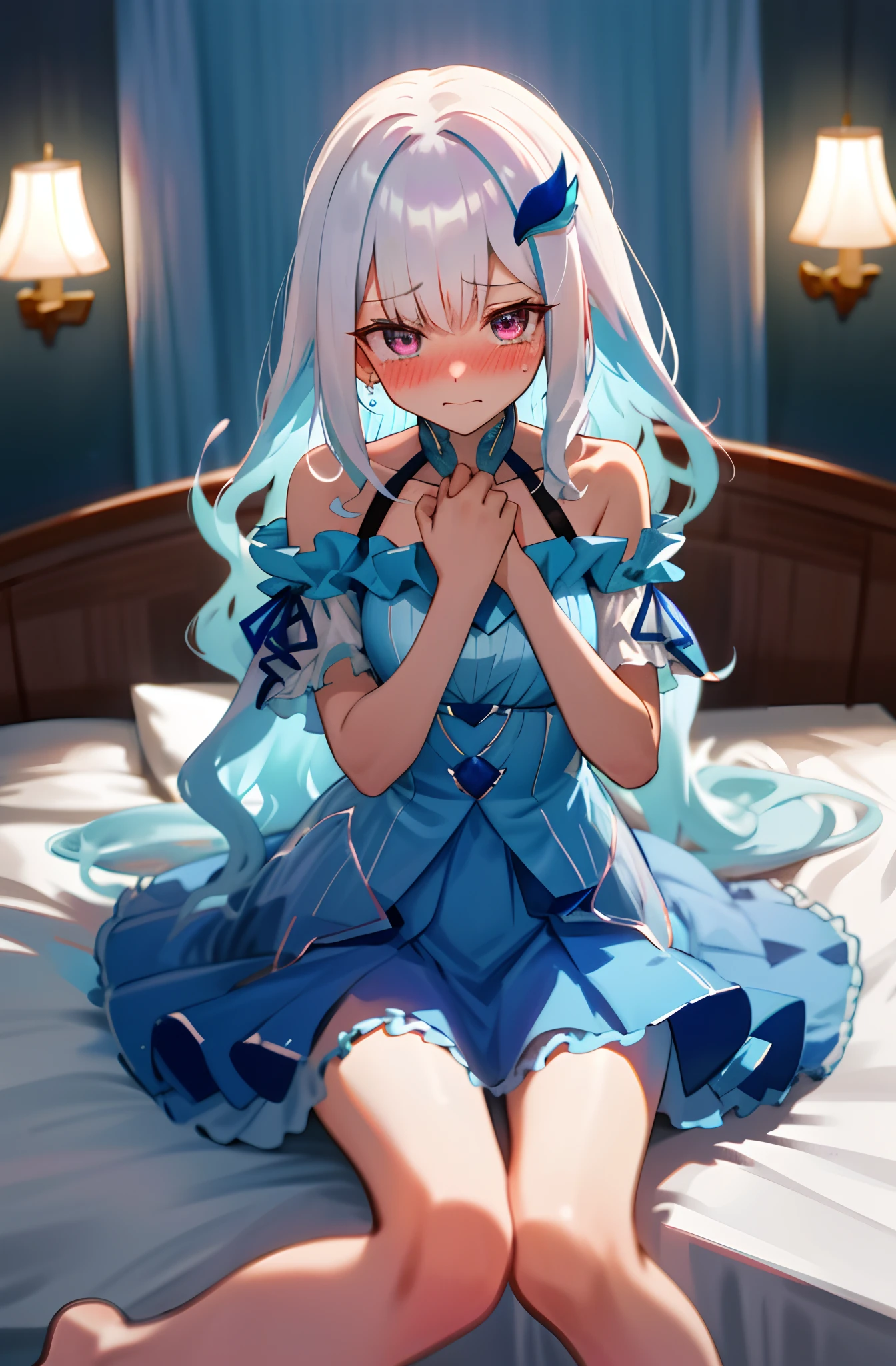 One girl with long wavy hair, white hair, looking at viewer, embarrassed, blushing, tears, indoor , bare shoulders, blue dress, perfect waist, bed, sit on, spread legs, night atmosphere, kneeling pose, hair ornament