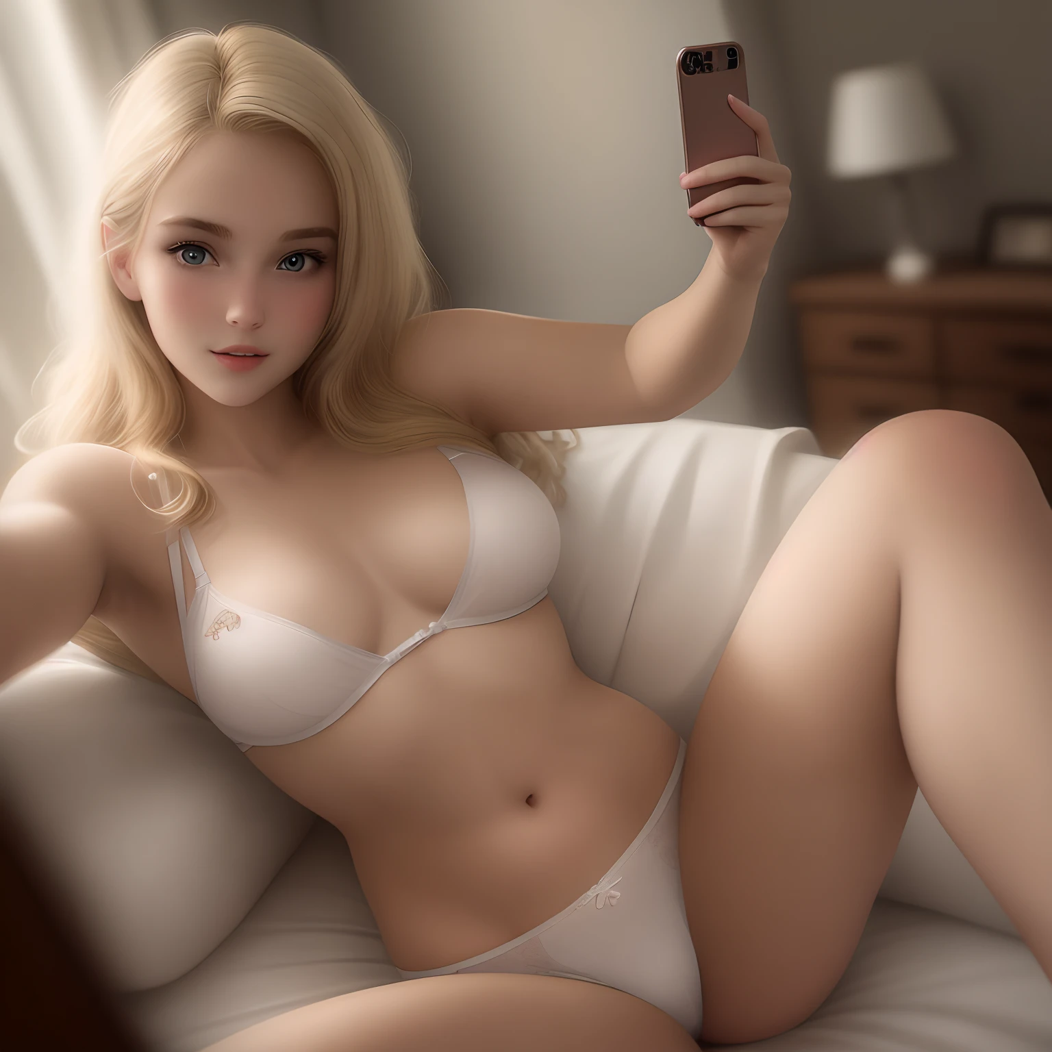 A selfie of a pretty, very realistic young blonde woman in her underwear , Taken with iPhone camera
