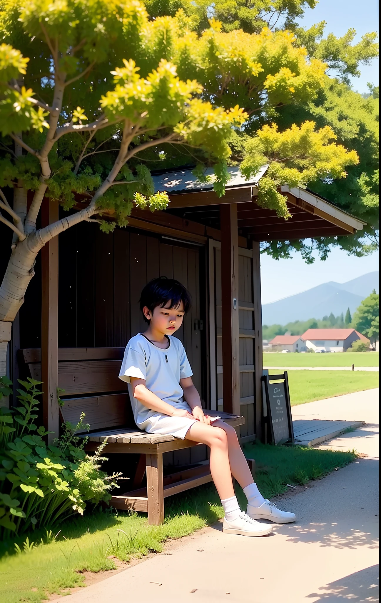 Set the scene with a picturesque small village, showcasing a young boy, sitting under a tree with a contemplative look on his face. Make sure to depict his struggles with his thoughts visually.ancient epic, details image