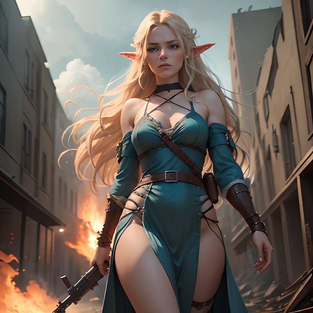 Blonde elf woman with long wavy hair in long shiny blue dress, Armed with an assault rifle, hung with cartridge belts and grenades. Tactical Moments. Barrel of a Smoking Weapon. Fires a weapon. Dynamic environment. A strong wind is blowing. Make your way through the ruins of an ancient city, that are partially hidden in the fog. Orcs peer warily out of buildings. Gloomy and unsettling atmosphere. higly detailed. delicate detail. photo realism.