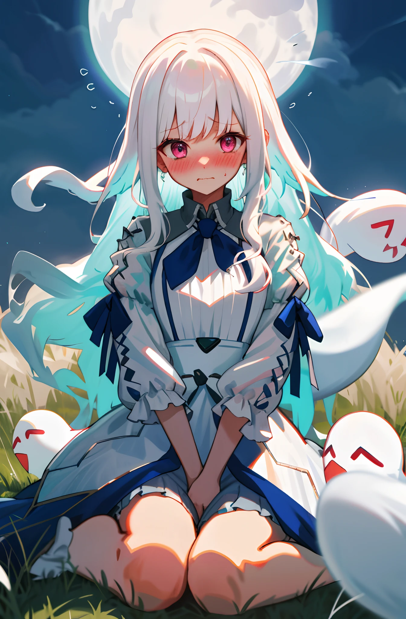 One girl with long wavy hair, white hair, looking at viewer, embarrassed, blushing, tears, outdoor , ghost, ghost dress, full white dress, perfect waist, grass, trew, moon, sit on, spread legs, night atmosphere, kneeling pose