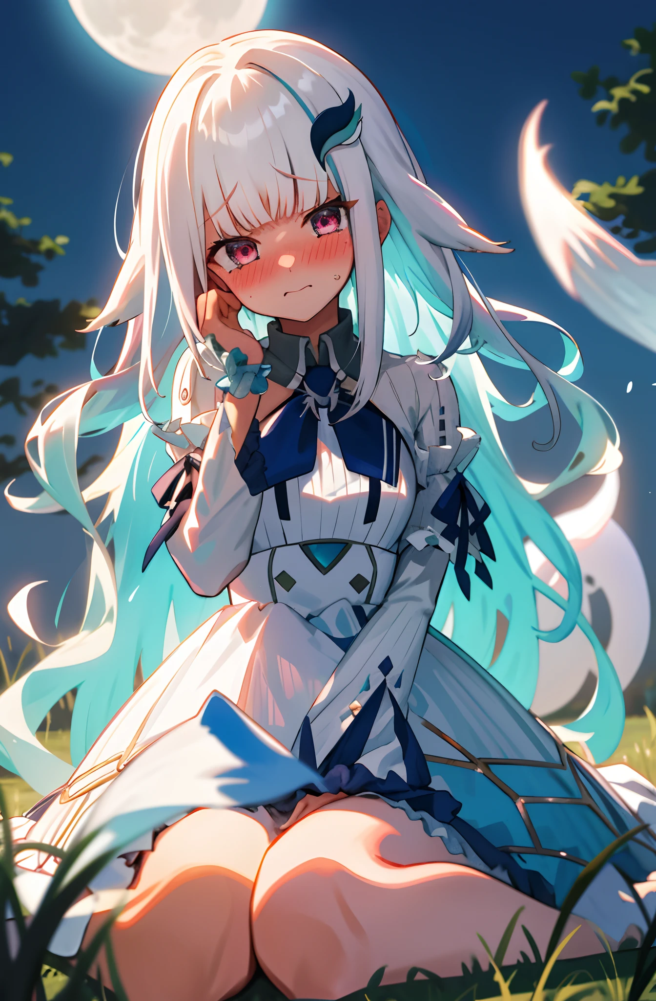 One girl with long wavy hair, white hair, looking at viewer, embarrassed, blushing, tears, outdoor , ghost, ghost dress, full white dress, perfect waist, grass, tree, moon, sit on, spread legs, night atmosphere, kneeling pose, hair ornament