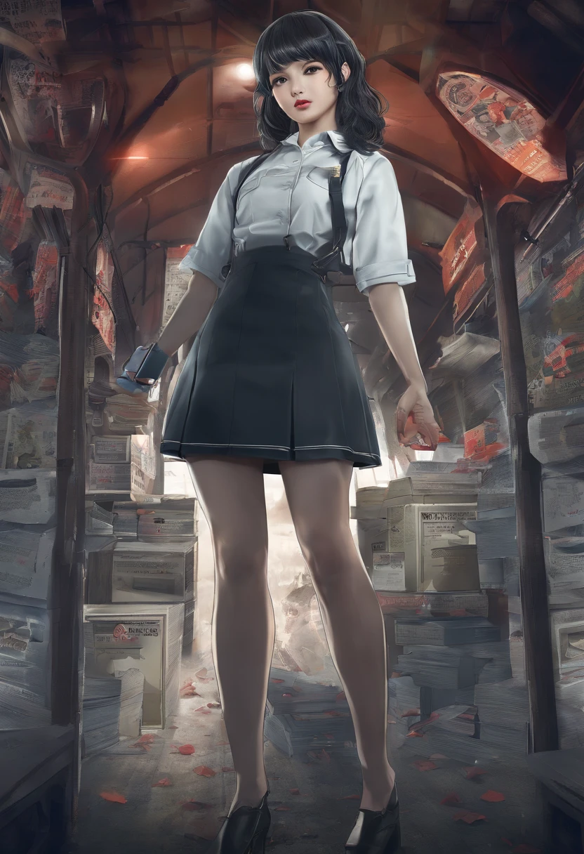 (best quality,4k,highres,masterpiece:1.2), ultra-detailed, realistic:1.37, studio lighting, vivid colors, 80's Japan Female Student, black choker, horror movie, eerie atmosphere, dim lighting, chilling shadows, dark corridor, torn school uniform, short-haired appearance, holding a flashlight.