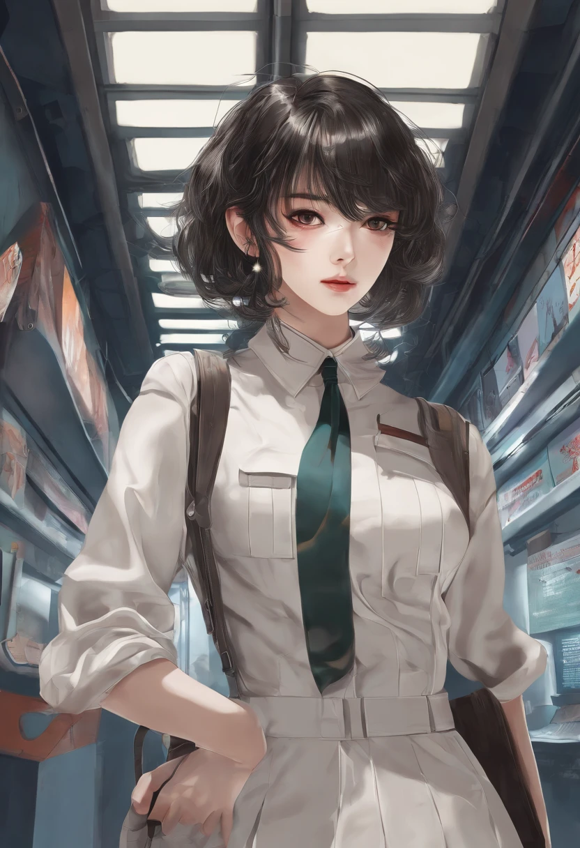(best quality,4k,highres,masterpiece:1.2), ultra-detailed, realistic:1.37, studio lighting, vivid colors, 80's Japan Female Student, black choker, horror movie, eerie atmosphere, dim lighting, chilling shadows, dark corridor, torn school uniform, short-haired appearance, holding a flashlight.