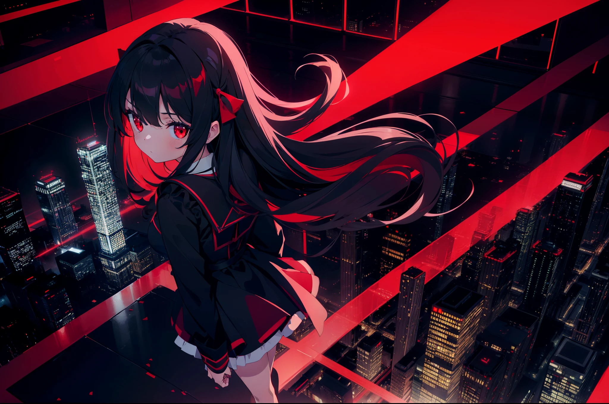 1  girl, ((red lighting)) ,dutch angle, (from above:0.8), full body ,looking back , ((standing in the air)) ,(skyscrapers) , background night view , (rape face) ,black long straight hair, hair ribbon , red eyes,black dress, glowing eyes,((masterpiece)), ((best quality)), ((ultra-detailed)), (illustration), ((an extremely delicate and beautiful))