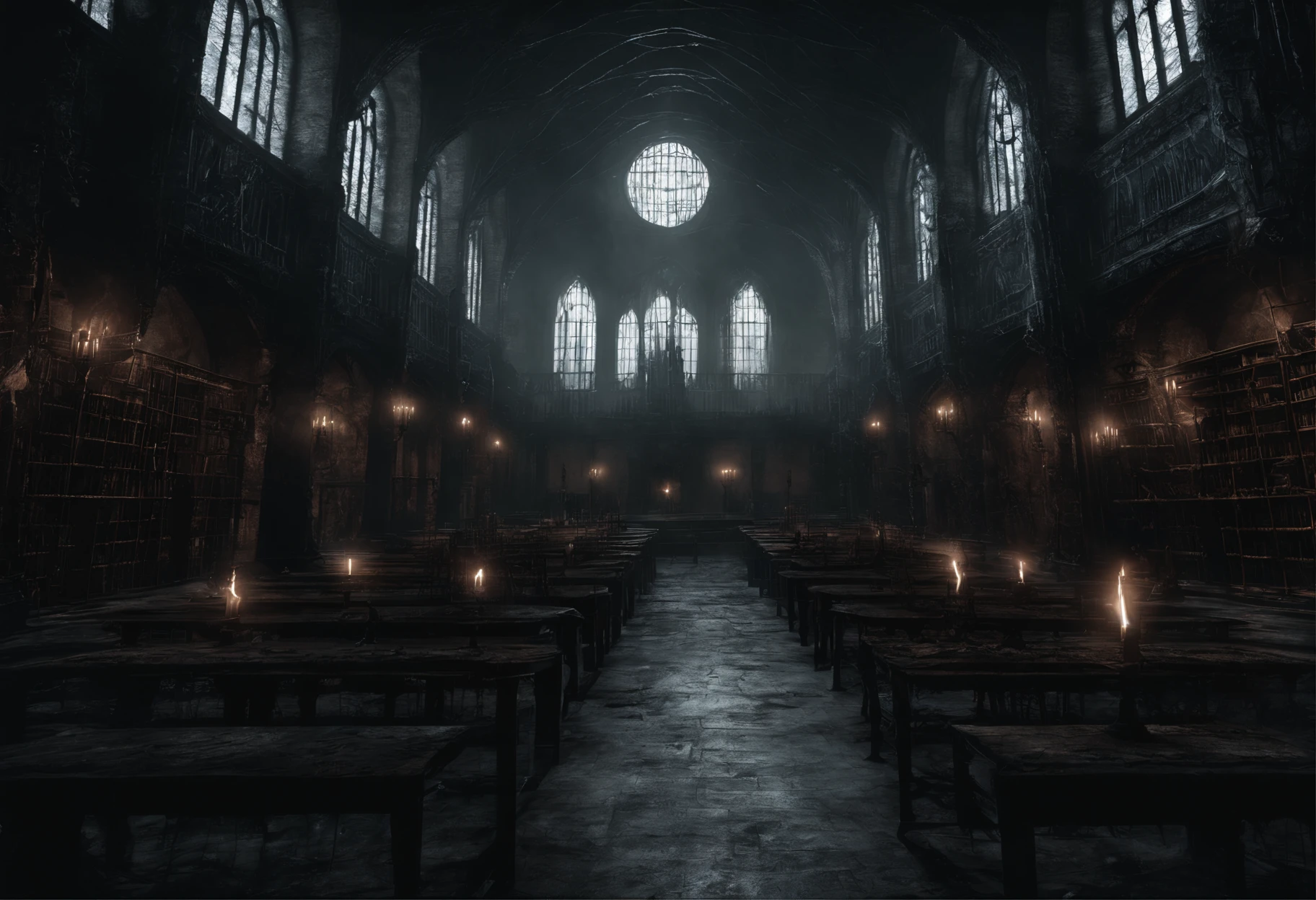 ghost school, school from the astral underworld, college, university, 8k resolution, ethereal, humongous stone underground chamber, iron prison cells, elves, hell hounds, spirits