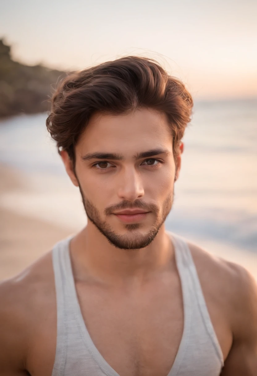 Um jovem masculino de vinte e poucos anos, barba curta, Darl cabelo castanho , light hazelnut eyes, Energia Masculina, Standing on the beach, usando roupas piratas rasgadas, DAMP BODY, parecendo sexy, numa piscina