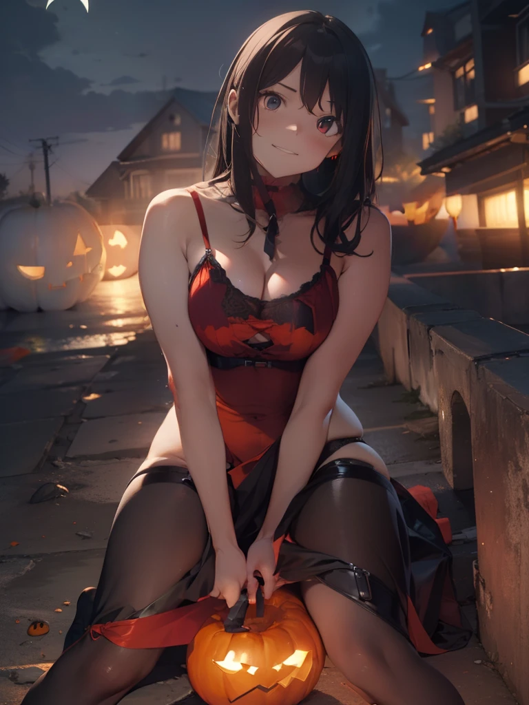 ultra-quality, ultla highres, Hyper Detailed, High contrast, Ultrafine Strike, creative refinement,A dark-haired,Red lingerie,ssmile, Halloween Costumes, jack o lantern