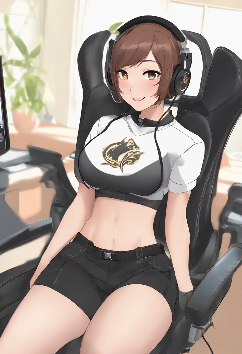 ((Tomboy)), (masterpiece, best quality) cute smile, short hair, anime girl, small hight, (big boobs), (Big chest) baggy black tshirt, thongs, thick tights, (small curvy, ecchi) ((Anime art style)), big beautiful eyes, sexy fishnets, stripping, hourglass figure, lip bite, gamer girl, in a luxury gaming room, sitting in a gaming chair, holding a gamepad, wearing a gaming headphones, slim belly, sexy, sedductive, black and neon background, (nipslip), tsundere, ((striping the shirt)),