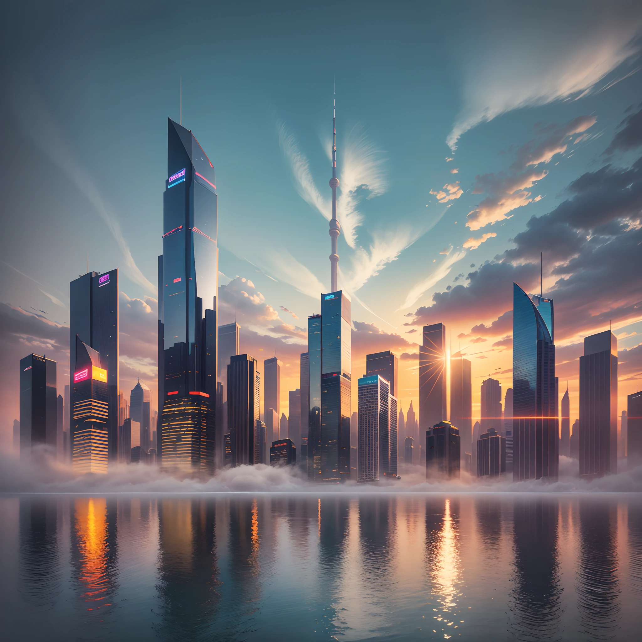 **The cityscape photorealistic depicted in vibrant colors, adding a lively and dynamic atmosphere to the scene, ultra high definition - Variations (Strong) by (fast) , extremely tall skyscrapers near ocean, fog --auto --s2