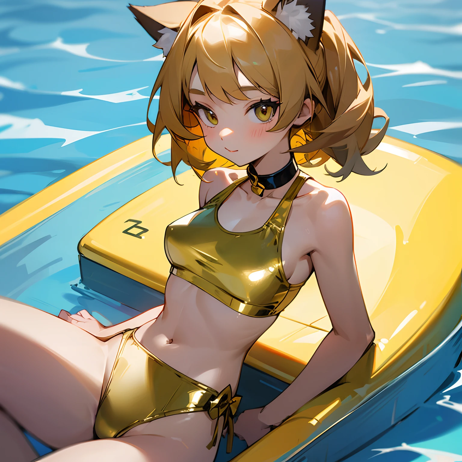 Cute Cat girl in a two piece gold swimsuit