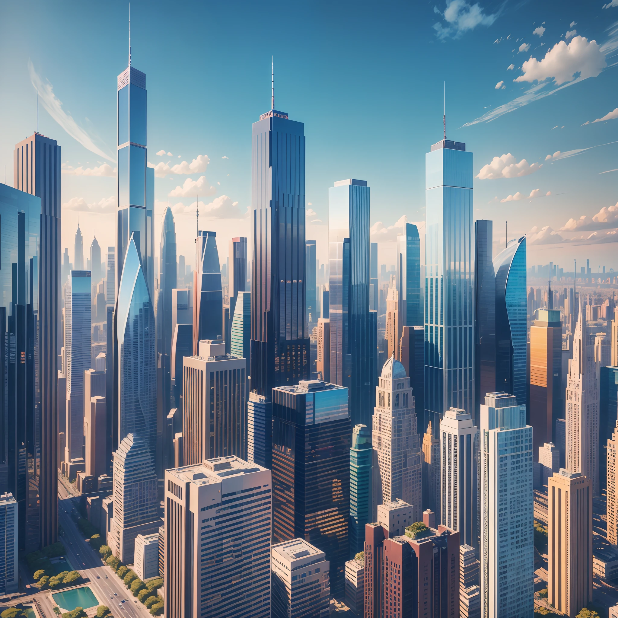**The cityscape photorealistic depicted in vibrant colors, adding a lively and dynamic atmosphere to the scene, ultra high definition - Variations (Strong) by (fast) , extremely tall skyscrapers, glass buildings --auto --s2