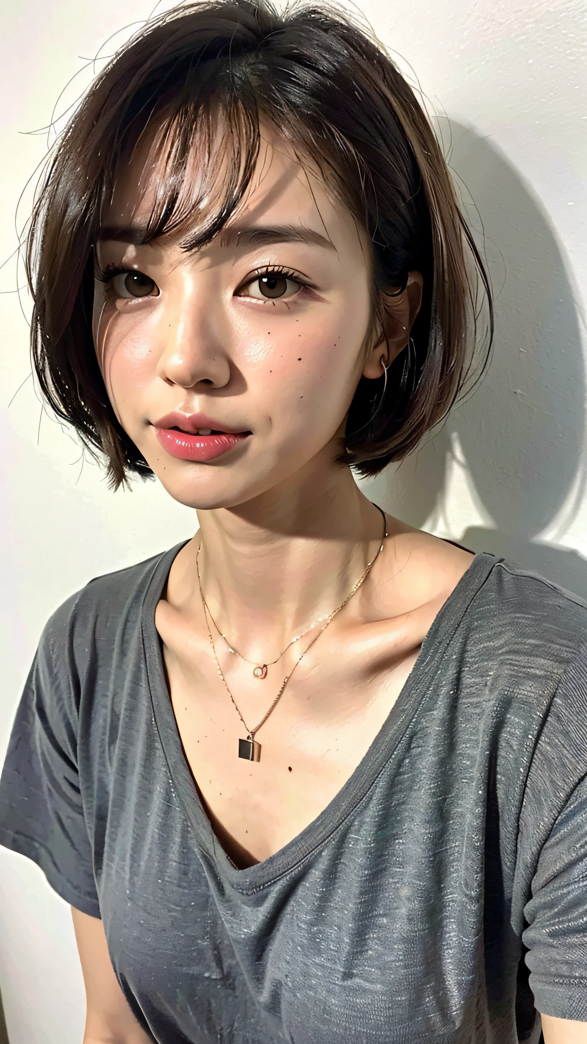 (top-quality、8k、32k、masterpiece、UHD:1.2)、Photo of a cute Japanese woman、large full breasts、very short bobbed hair、The upper part of the body、sface focus、(oversized_shirts、:1.1)a necklace、simple background、looking at the viewers、Leaning forward、