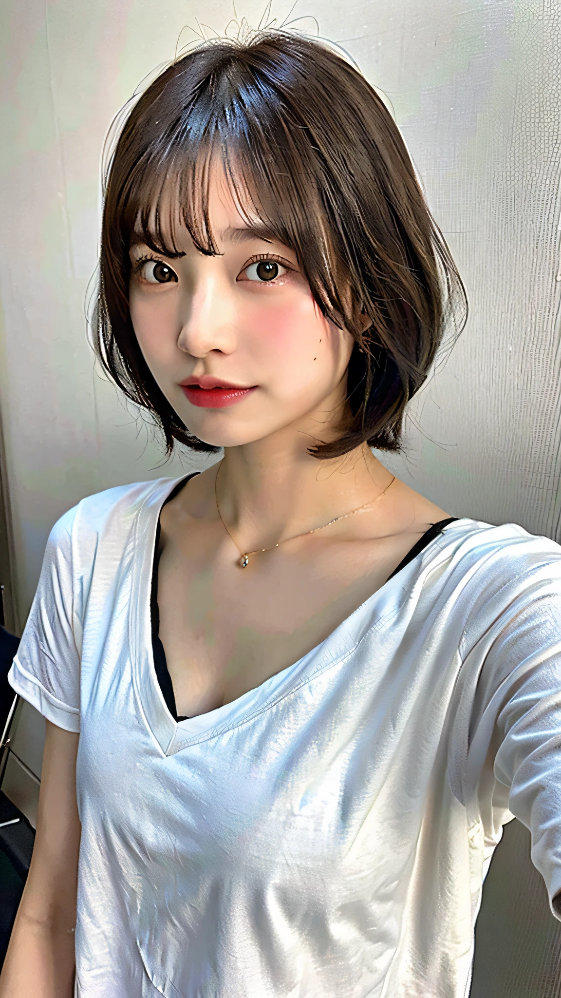 (top-quality、8K、32K、masterpiece、nffsw:1.2)、Photo of a cute Japanese woman、large full breasts、very short bobbed hair、The upper part of the body、sface focus、(Oversized_shirt、:1.1)a necklace、simple background、looking at the viewers、Leaning forward、