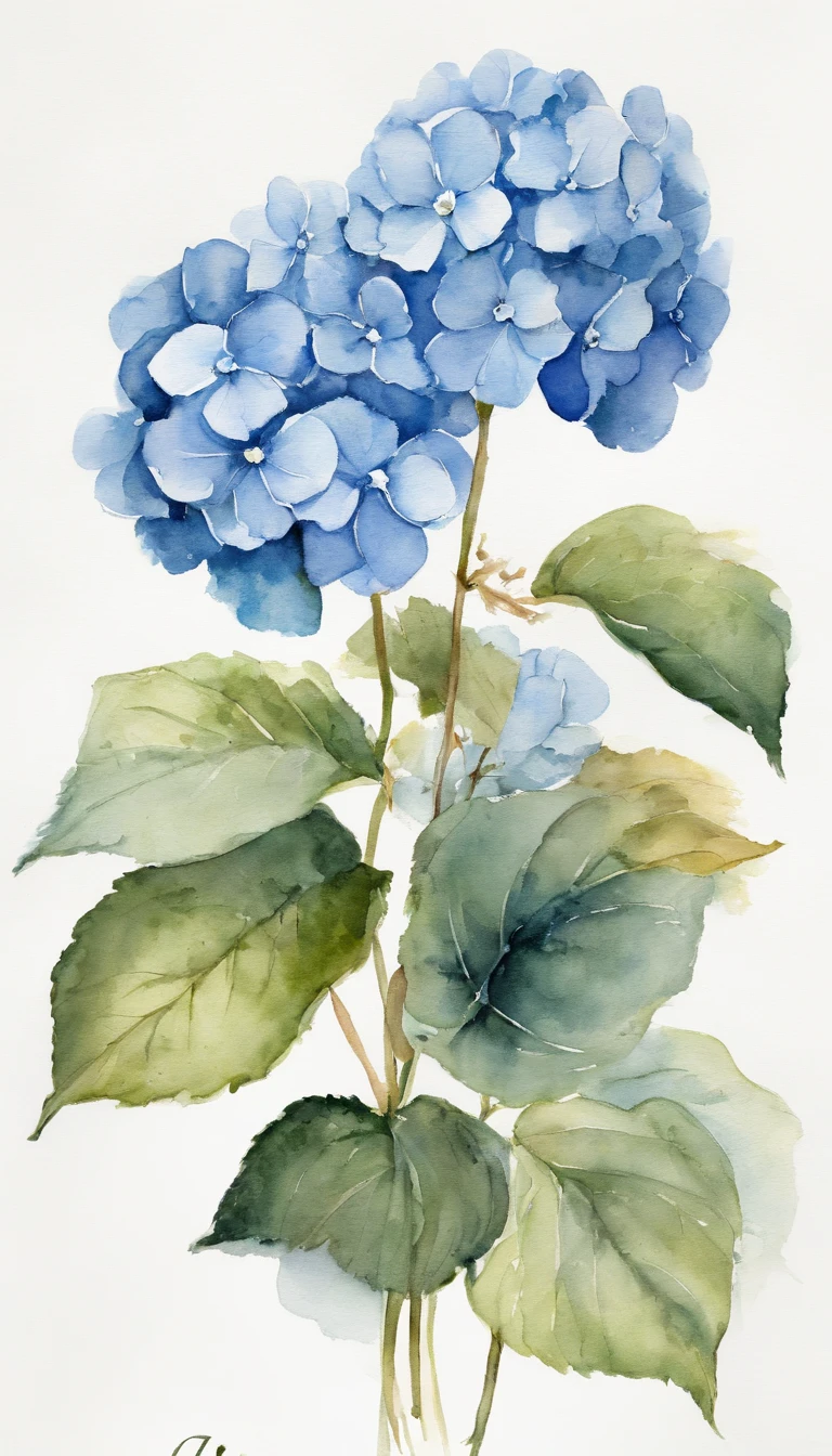 A small bouquet of 2 blue hydrangeas on a white background, in the center of the image