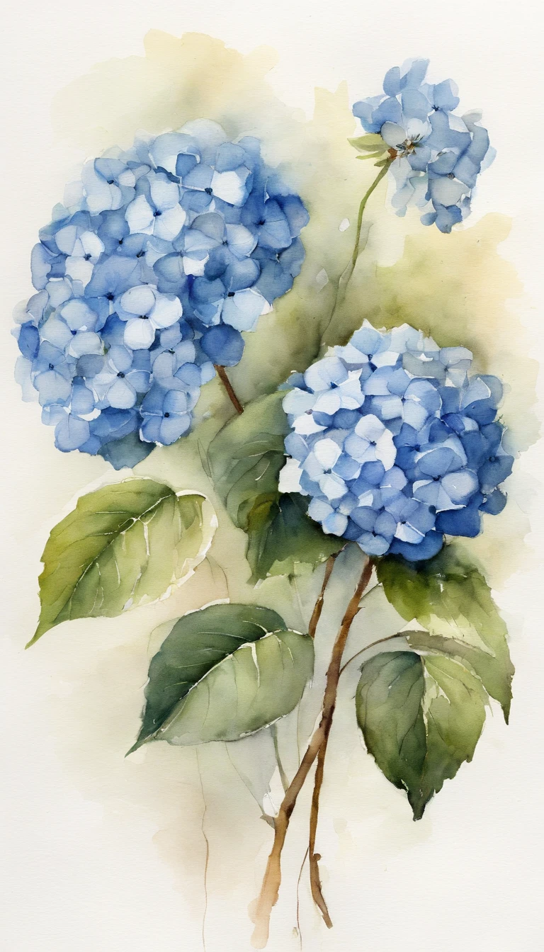 A small bouquet of 2 blue hydrangeas on a white background, in the center of the image