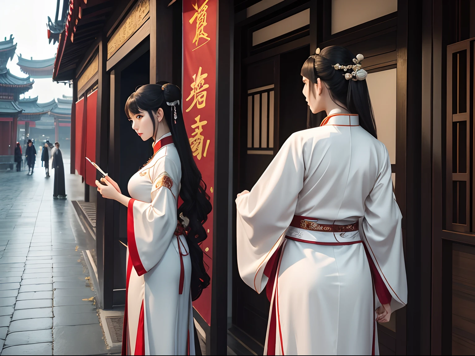 （tmasterpiece，best qualtiy），Tall men，knight-errant，Stick a knife in the back，posterior view，anime big breast，Chinese outfit，Hanfu，独奏，full bodyesbian，Chinese outfit，Hanfu，east asian architecture，the street，anatomy correct