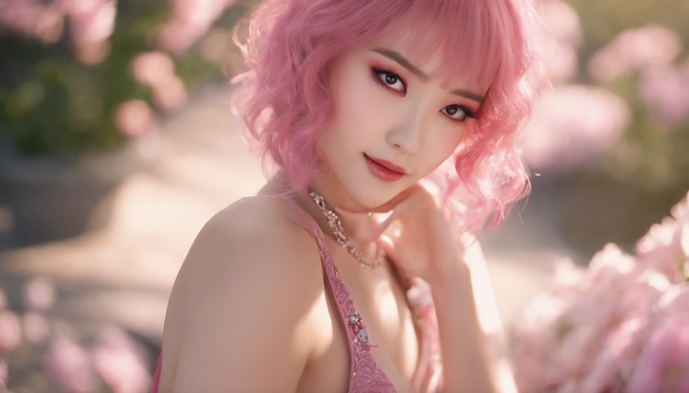 (best quality,8k,ultra-detailed),medium:portraits,pink hair,pink dress with floral pattern,perfect smile,extremely muscular 20-year-old Japanese girl,gazing at the camera,detailed eyes and face, long eyelashes.