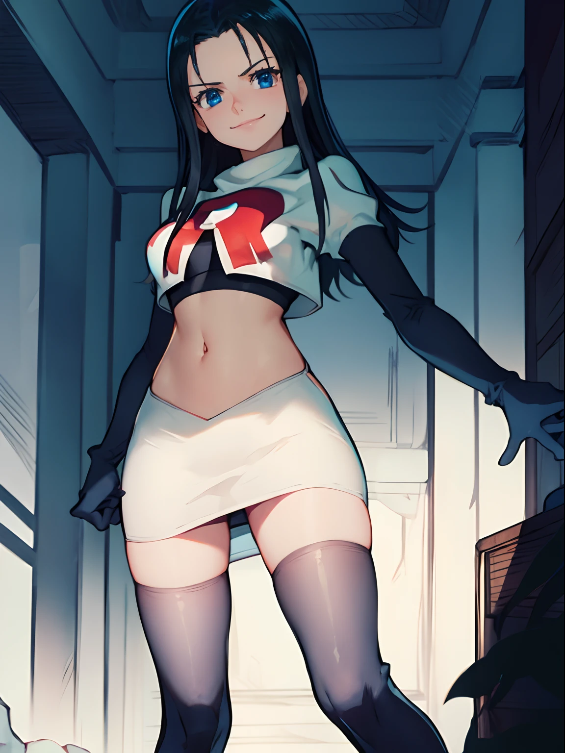 nico robin,rocket,team rocket uniform, red letter R, white skirt,white crop top,black thigh-highs,black elbow gloves, smile