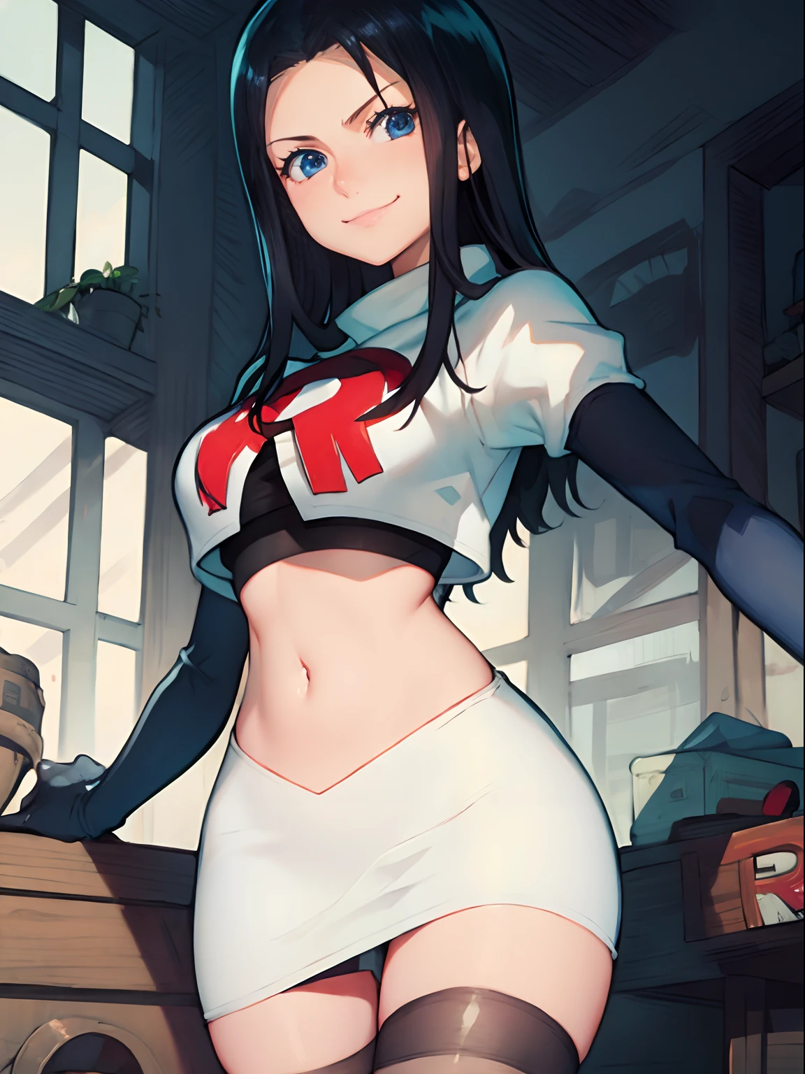 nico robin,rocket,team rocket uniform, red letter R, white skirt,white crop top,black thigh-highs,black elbow gloves, smile