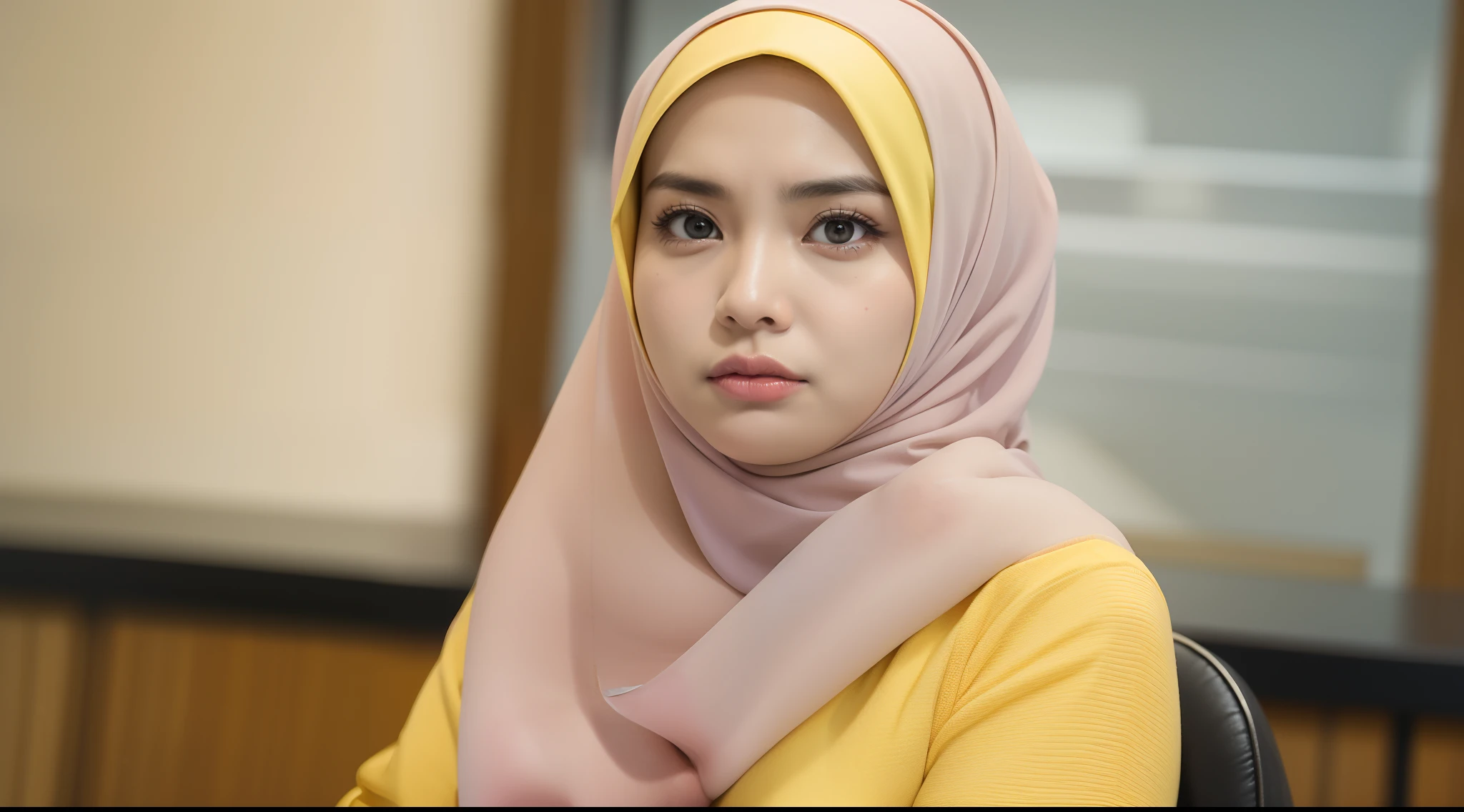 Beautiful fair skin matured malay girl in hijab seating in meeting room angry, 45 years old, milf, angry pose, angry face, meeting room, morning, wearing hijab, pastel color hijab, yellow office outfit, yellow suits, small tits, small breast, flat chest, wide waist, beer belly, thick thighs, 50mm lense, handheld shot camera angle, High Contrast cinematography effect, Natural Lighting, Desaturate color grading.