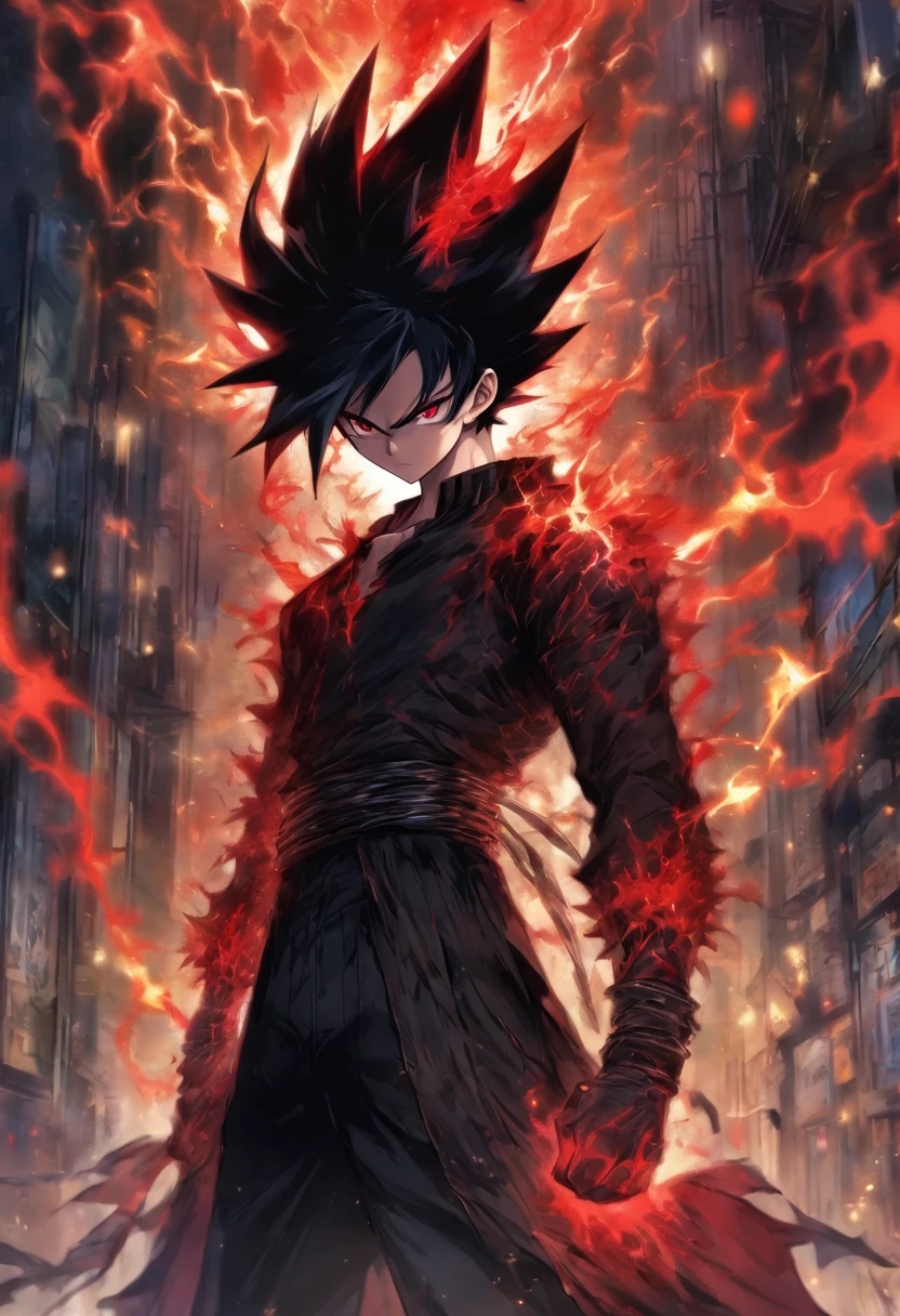 masterpiece, best quality, 1boy, teenager 18 years old, black hair, messy spikey hair, red eyes, black shirt with long sleeves, black pants, black boots, red cloak, showing off his red plasma aura on his right hand, digital watercolor art.