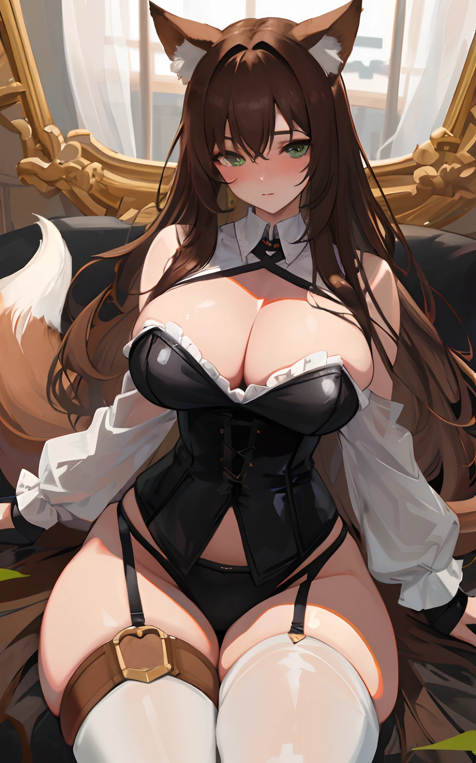 (Masterpiece: 1.5), (Best Quality: 1.5), Perfect Eyes, Perfect Face, Volumetric Lighting, 1 Woman, Mature Woman, (Whiteness: 5), fox ears, fox tail, dark brown hair, green eyes, long hair, high leg g string, corset, leather, massive breasts, massive cleavage, BDSM, submissive, blushing, thick thighs, wide hips,