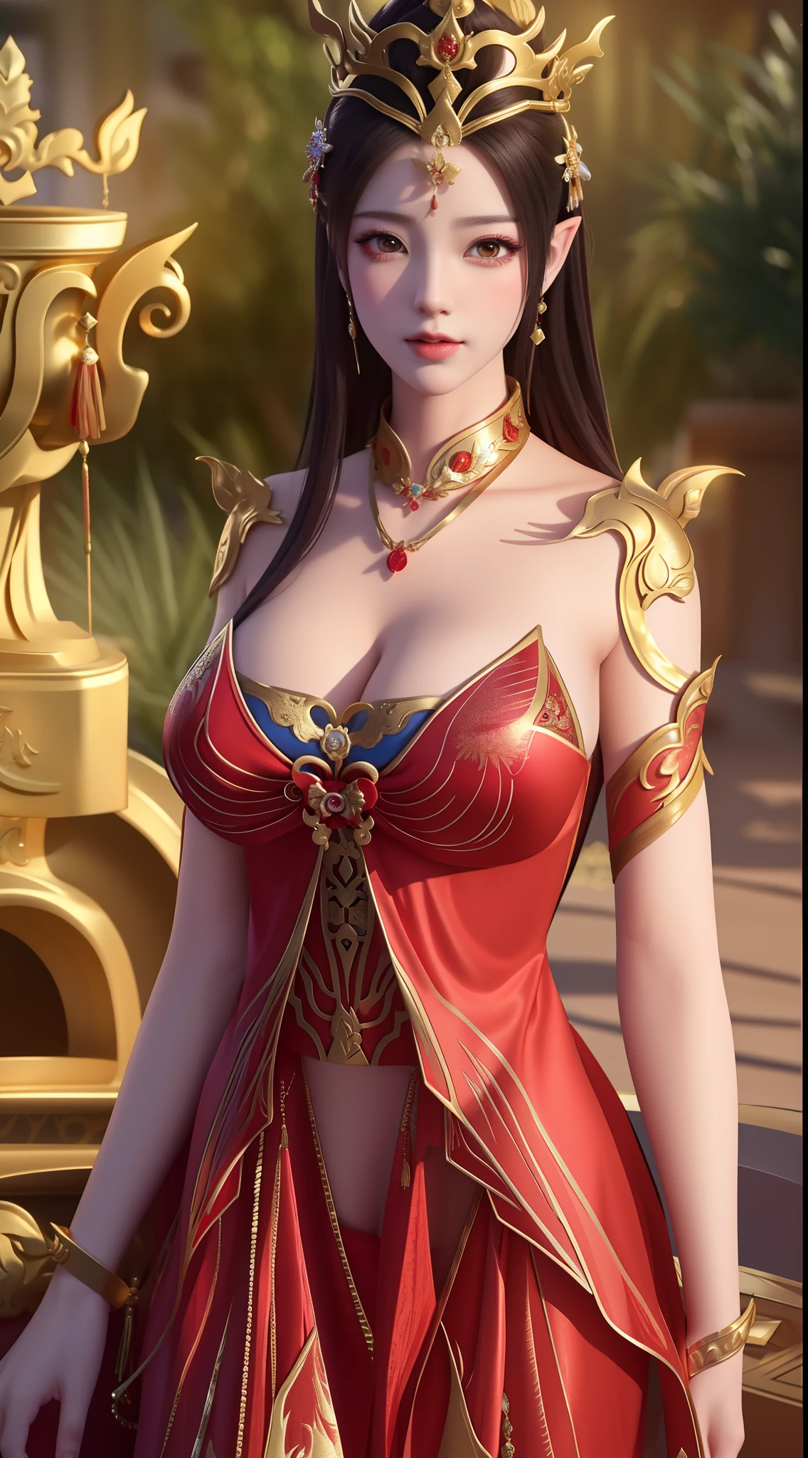 a close up of a woman in a red bikini with a gold crown, a beautiful fantasy empress, beautiful and elegant elf queen, ((a beautiful fantasy empress)), zhongli from genshin impact, keqing from genshin impact, appears as the fire goddess, inspired by Lan Ying, extremely detailed goddess shot, inspired by Pu Hua, beautiful elegant demon queen, using bikini T-shirt, sexy big boobs
