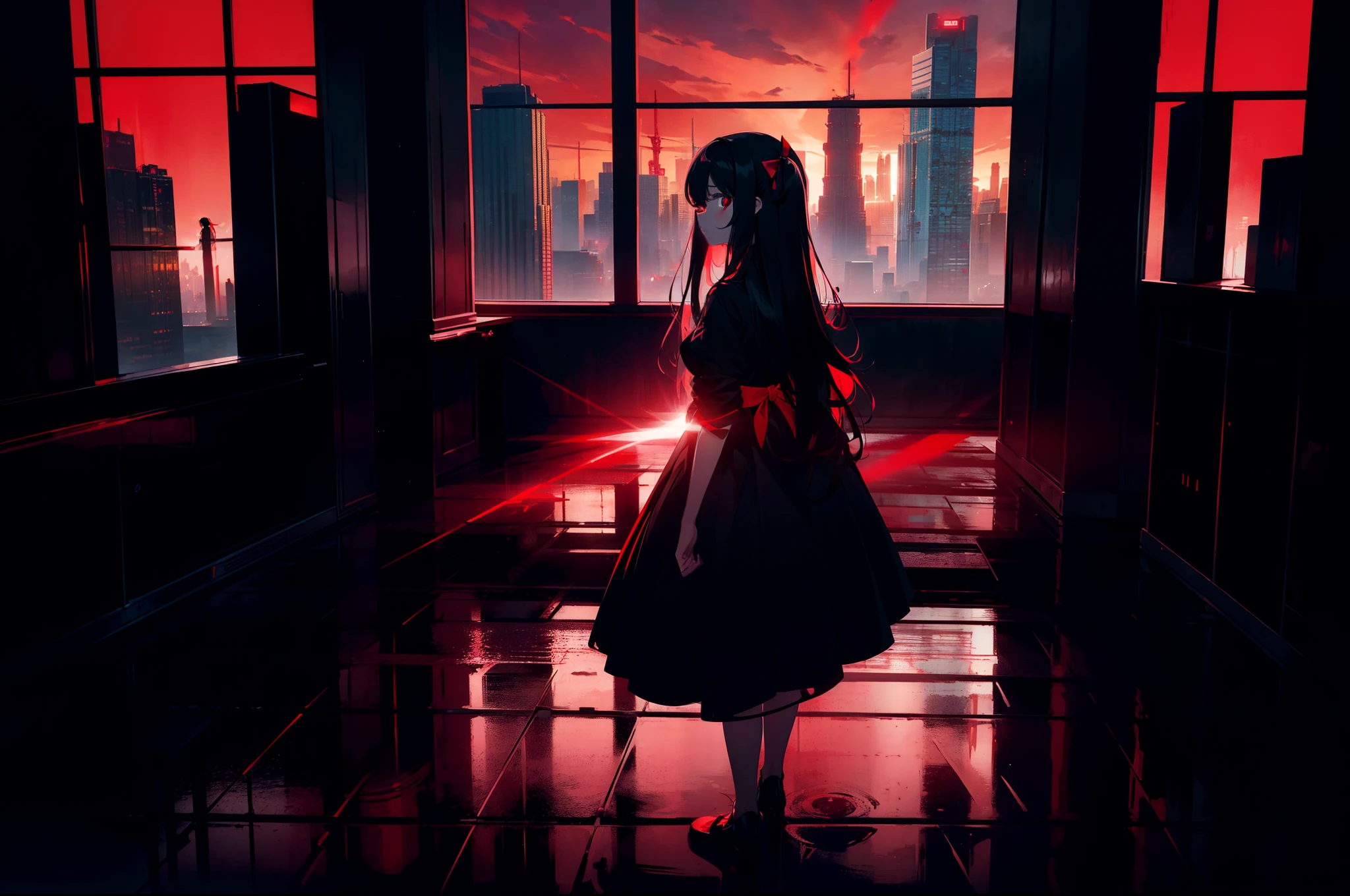 1 loli girl, ((red lighting)) ,dutch angle, (from above:0.8), full body ,looking back , ((standing in the air)) ,(skyscrapers) , (blood sea), (rape face) ,black long straight hair, hair ribbon , red eyes,black dress, glowing eyes,((masterpiece)), ((best quality)), ((ultra-detailed)), (illustration), ((an extremely delicate and beautiful))