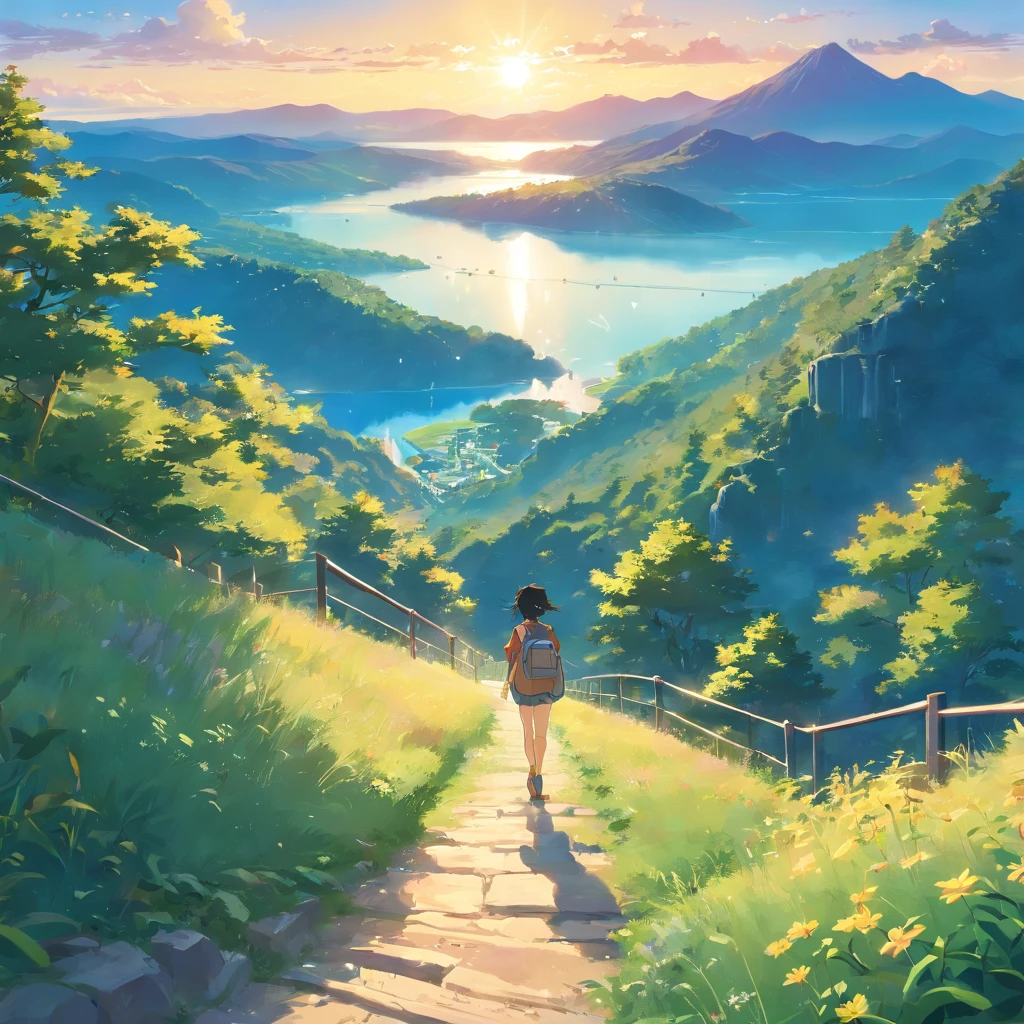 mountainous、by lake、Large space、high sky、suns、radiant light、Clear lake、bucolic、looking-down、ciclista