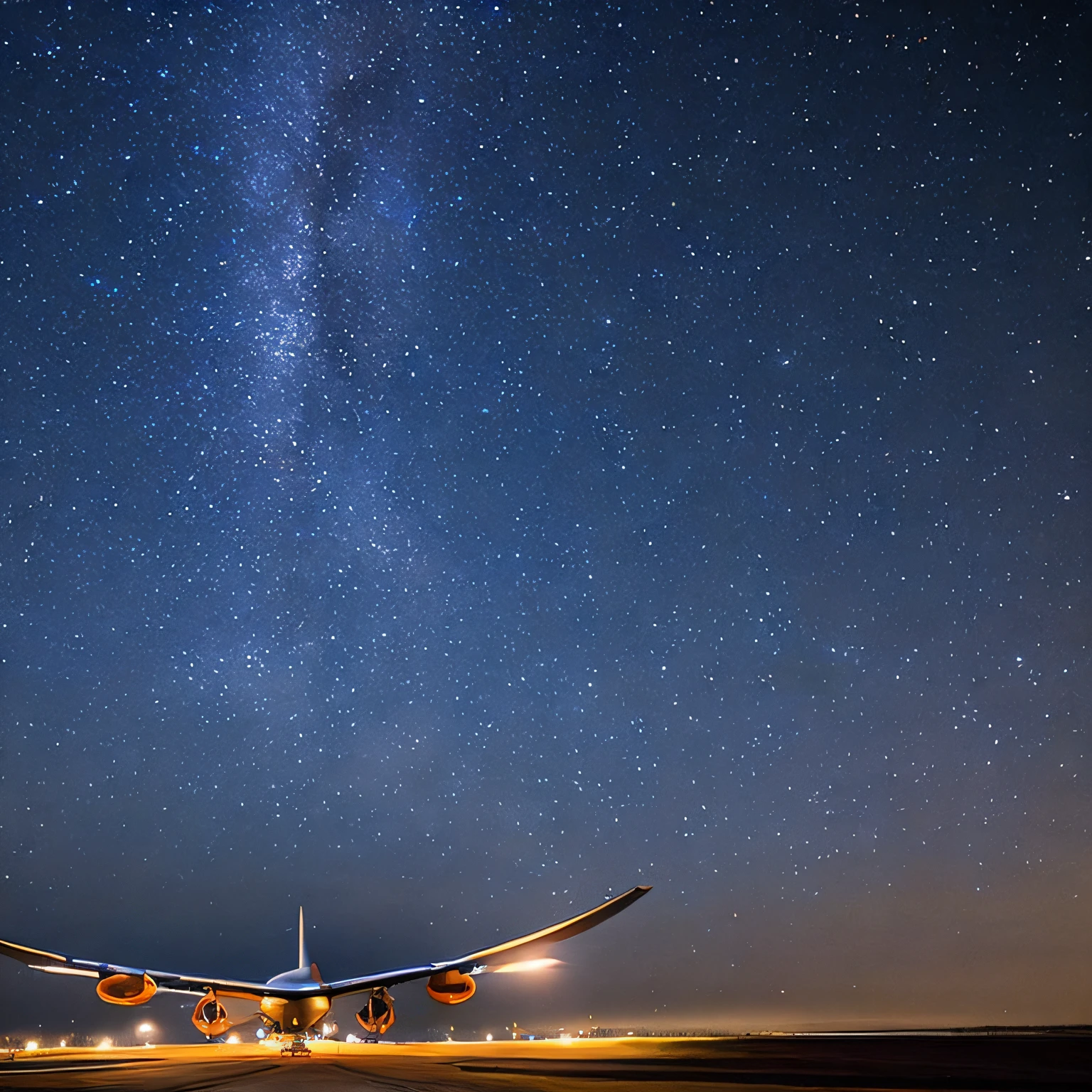 Picture this: The vast canvas of the sky is painted in deep midnight blues and purples. A sprinkle of stars glistens, resembling distant fireflies, each twinkling with their own stories. The crescent moon, in its majestic serenity, casts a soft, silvery glow over the vast expanse below. This is no ordinary landscape – it’s an international airport runway.

The runway, the heart of this vast transportation hub, stretches out like a dark ribbon. But what truly stands out is the hypnotic dance of lights lining its edges. These lights, some white and others in a range of blues and reds, pulse with life. They guide pilots in their massive metal birds, ensuring safe landings and takeoffs in the embrace of the night.

Every so often, the tranquil scene is punctuated by the distant roar of an airplane. Its landing lights become brighter as it approaches, casting elongated reflections on the sleek surface of the runway. As it taxis, its silhouette contrasts against the backdrop of the night sky, a symbol of human achievement against nature's vastness.

To the side, the control tower stands tall and proud. It is illuminated softly, a beacon in the night, orchestrating the harmonious ballet of flights. The silhouettes of the air traffic controllers can be faintly seen, their movements precise, their concentration palpable.

Incorporate elements that evoke emotions of wonder and wanderlust. Think about the intricate balance of stillness and motion, the silent vastness of the sky, and the controlled chaos on the ground. This design should resonate with those who have ever felt the allure of distant lands and the promise of new experiences. Let the design capture that singular moment where technology meets the raw beauty of nature, and the world feels both immensely vast and incredibly connected.