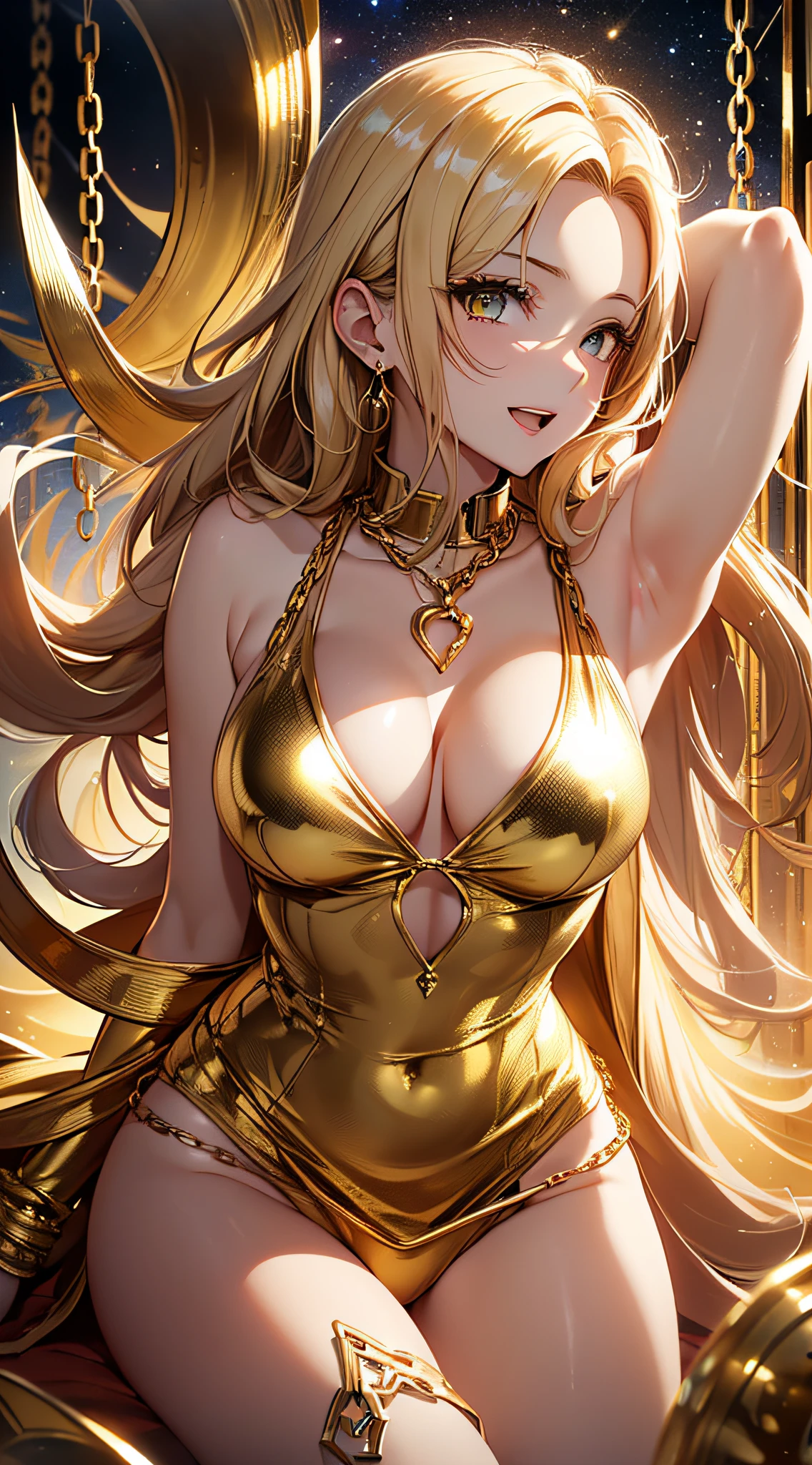 top-quality、Top image quality、masterpiece、girl with((20yr old、Best Bust、big bast、Bust 85,beautiful golden eyes、Breasts wide open,Blonde long hair、A slender、Large valleys、Tank tops、Cosmic dress、Gold Bikini、bending forward、Laugh、Close proximity to the viewer))hiquality、Beautiful Art、Background with((Evening Party、Golden Chain)))masutepiece、visualart、depth of fields、