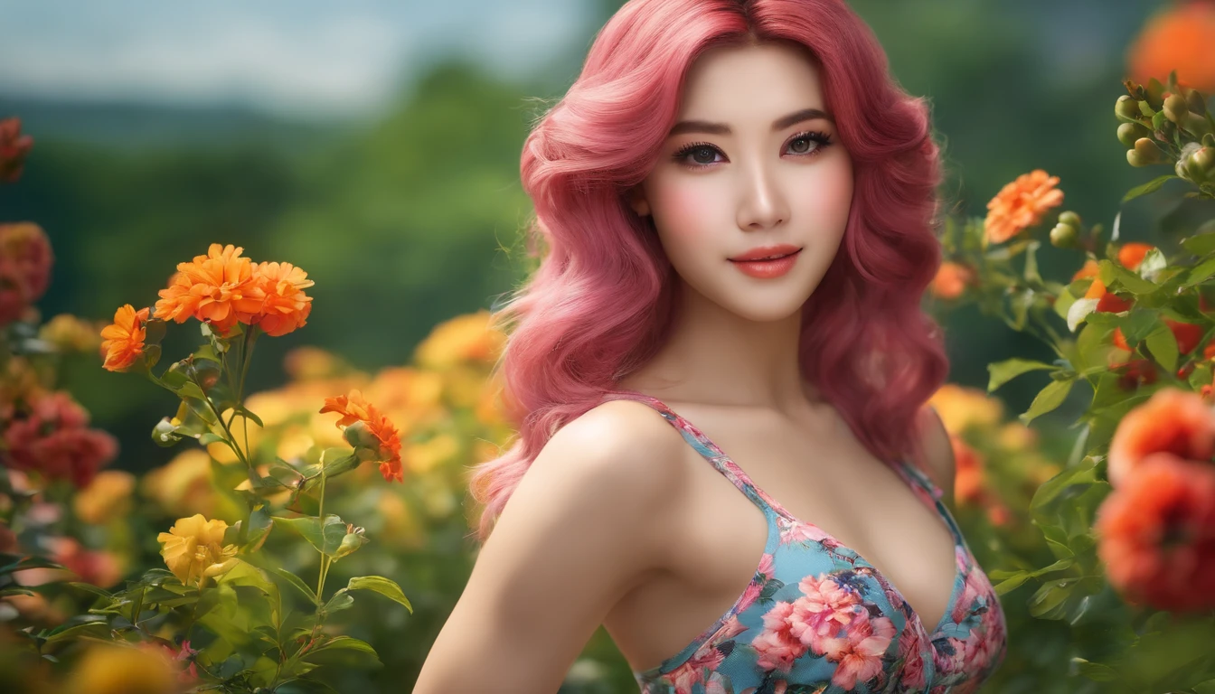 (highres:1.2,8k,ultra-detailed),detailed eyes and lips,extremely muscular 20-year-old Japanese girl (japanese,athletic,bodybuilder:1.1),pink hair, perfect smile (beautiful detailed lips,perfect smile), looking at the camera, (portrait:1.1), wearing a short floral dress (dress:floral,short), vibrant colors, (realistic,natural lighting), in a garden setting (garden), surrounded by blooming flowers and lush greenery (flowers,blooming,lush greenery), creating a lively and vibrant atmosphere (vivid colors), with a soft and dreamy color tone (soft color tone).
