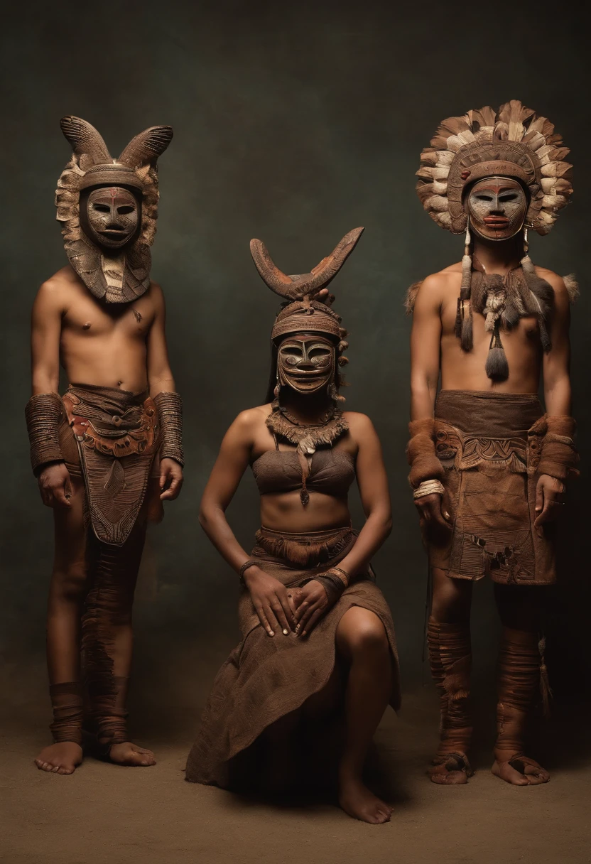 Full body, Tribal family wearing Jomon style fire-fired earthenware masks, Take photos with strange animals, a polaroid photo, Add noise, Old Photo Effects