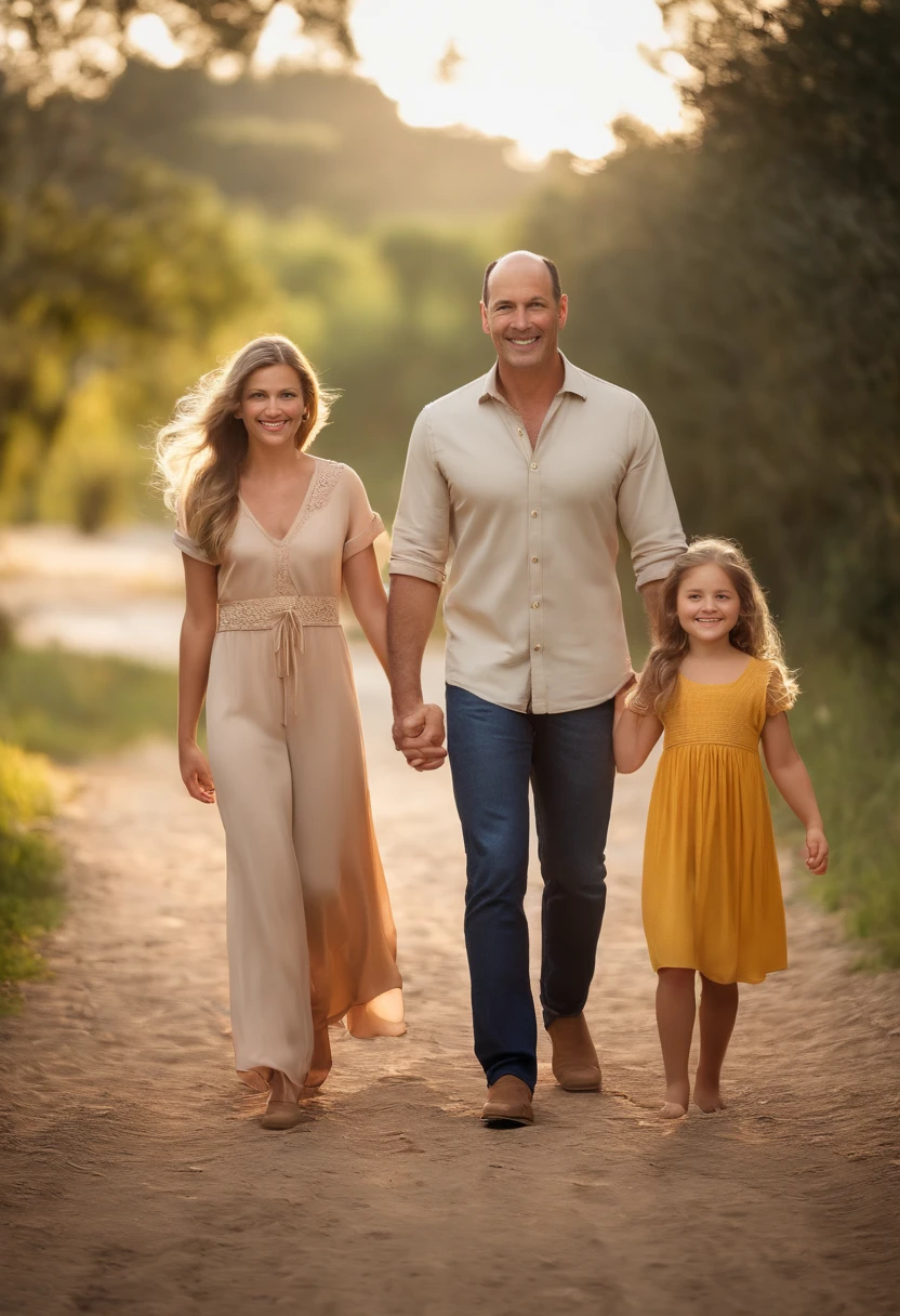 image of a father named Marcos, happy, 49 years old, thin, white skin, small black hair, frontal baldness, dark brown eyes; next to him, standing, his twin daughters, happy, holding hands, 5 years old; long blonde hair, light brown eyes, curly, full body; casual clothes in the 3D Pixar style