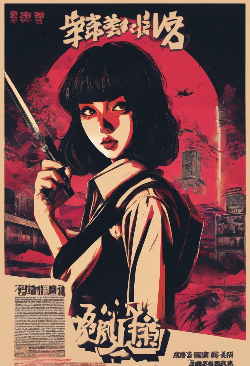 (black choker), brightly colored, 80's Japan female student, horror movie atmosphere, dimly lit, eerie shadows, dark hallway, torn school uniform, short hairstyle, holding a flashlight.